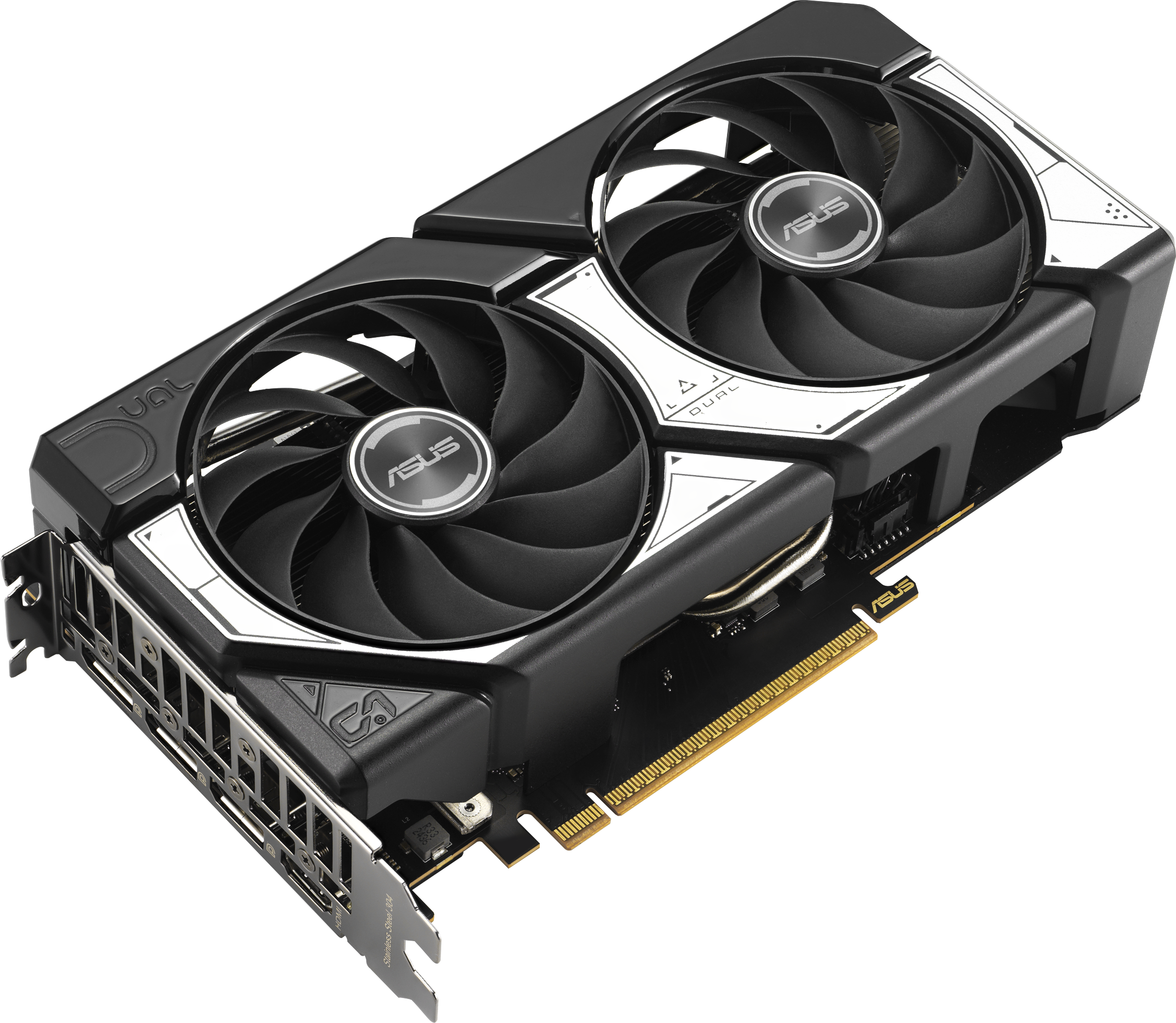 Carte graphique ASUS Dual noire et argentée. Possède deux ventilateurs, le logo ASUS et divers ports. Le fond est blanc.