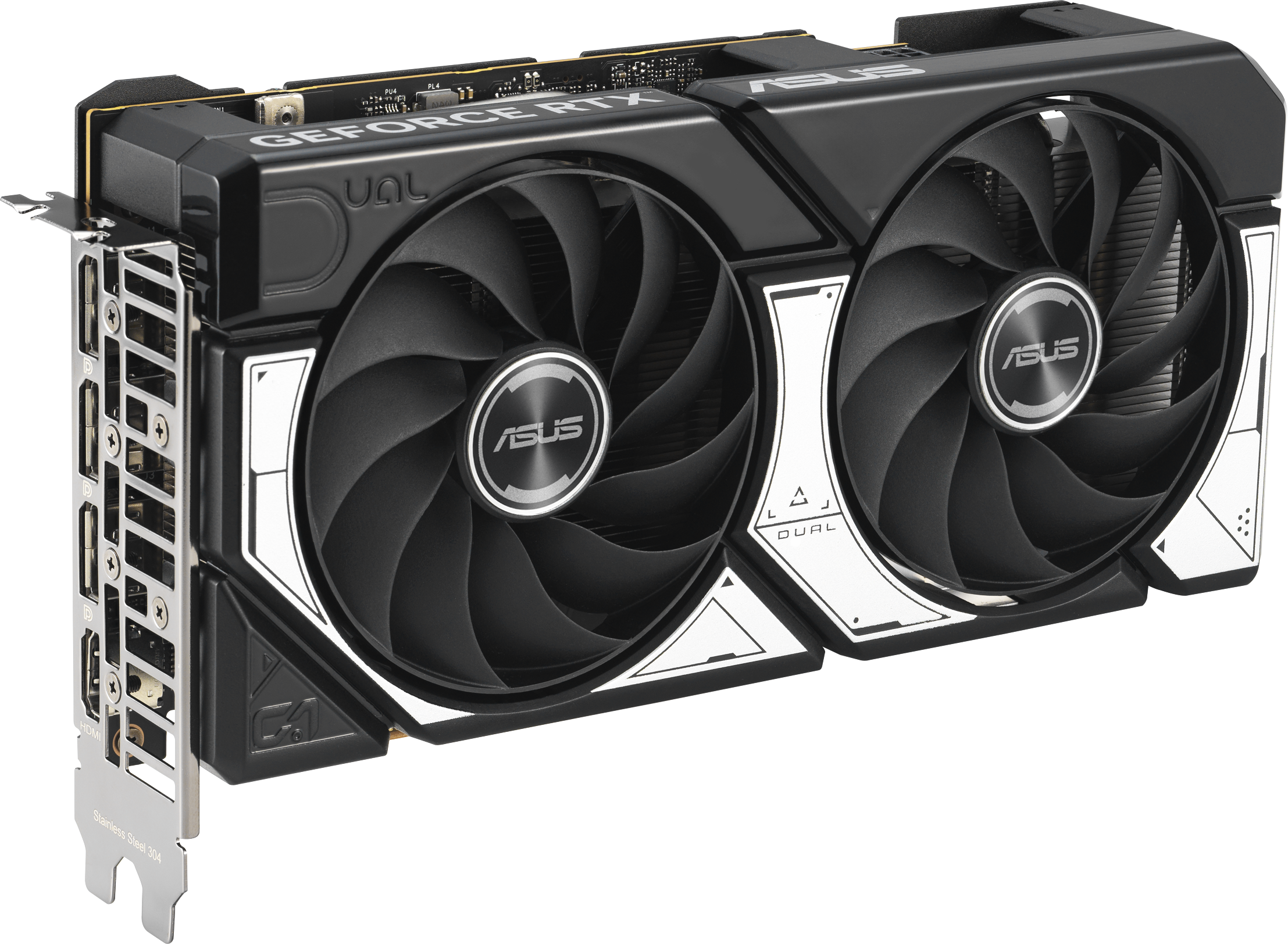 Une carte graphique ASUS GeForce RTX noire avec deux ventilateurs. La carte a des accents blancs et le mot ASUS est visible.