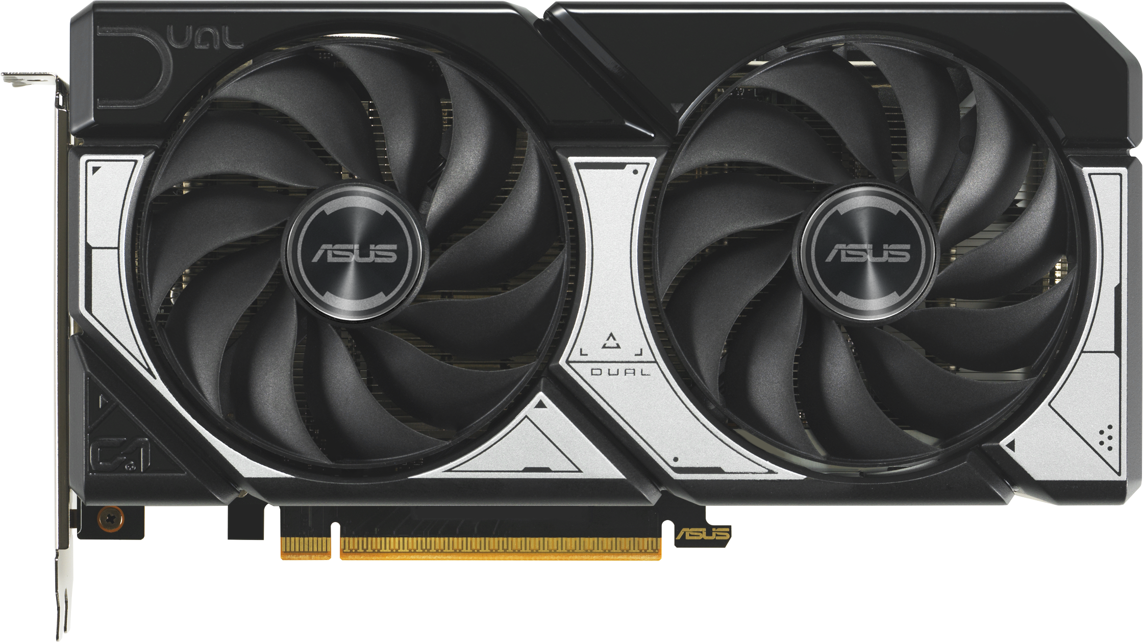 Carte graphique ASUS Dual. Comprend deux ventilateurs noirs, des accents argentés et le logo ASUS. La carte est sur un fond blanc.