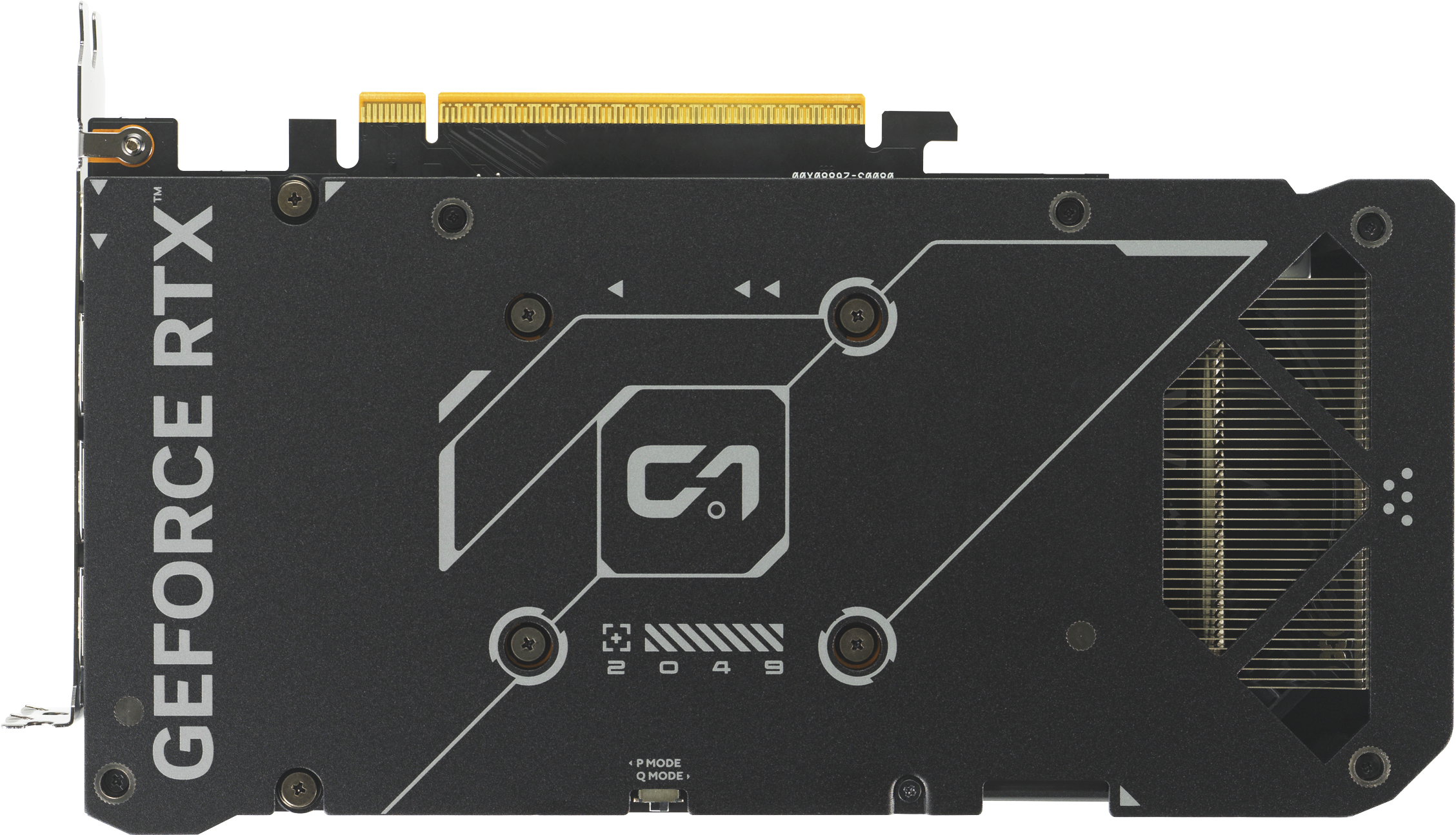 Une carte graphique GeForce RTX noire. Elle présente un connecteur doré métallique, des accents argentés et un logo central avec le nombre 2049.