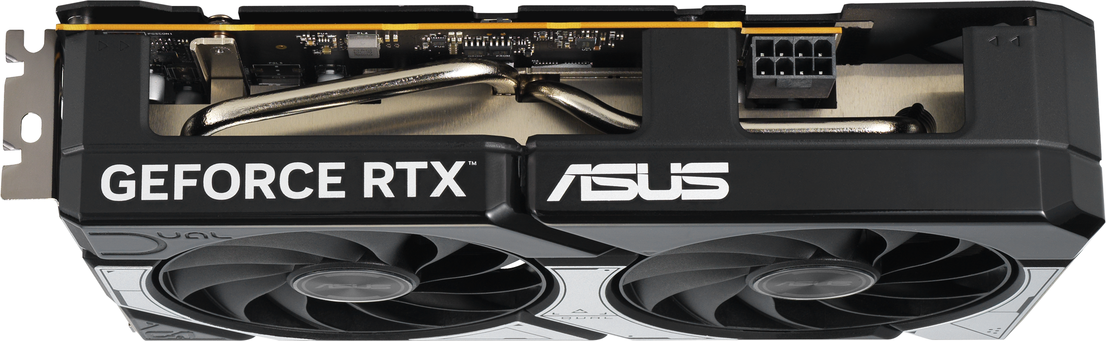 Une carte graphique GeForce RTX ASUS noire et argentée. Deux ventilateurs sont visibles en bas. La carte est sur un fond blanc.
