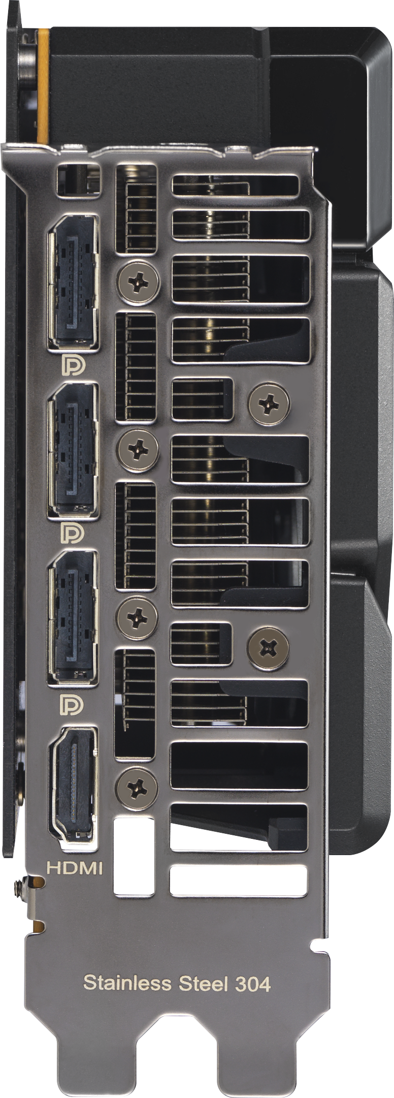 Composant informatique métallique avec plusieurs ports et fentes. Inclut les connexions HDMI et DisplayPort. Matériau en acier inoxydable.