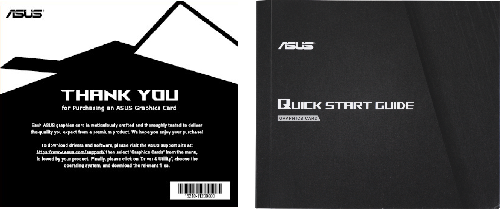 Emballage de carte graphique ASUS. Le côté gauche dit 'Merci'. Le côté droit dit 'Guide de démarrage rapide'.