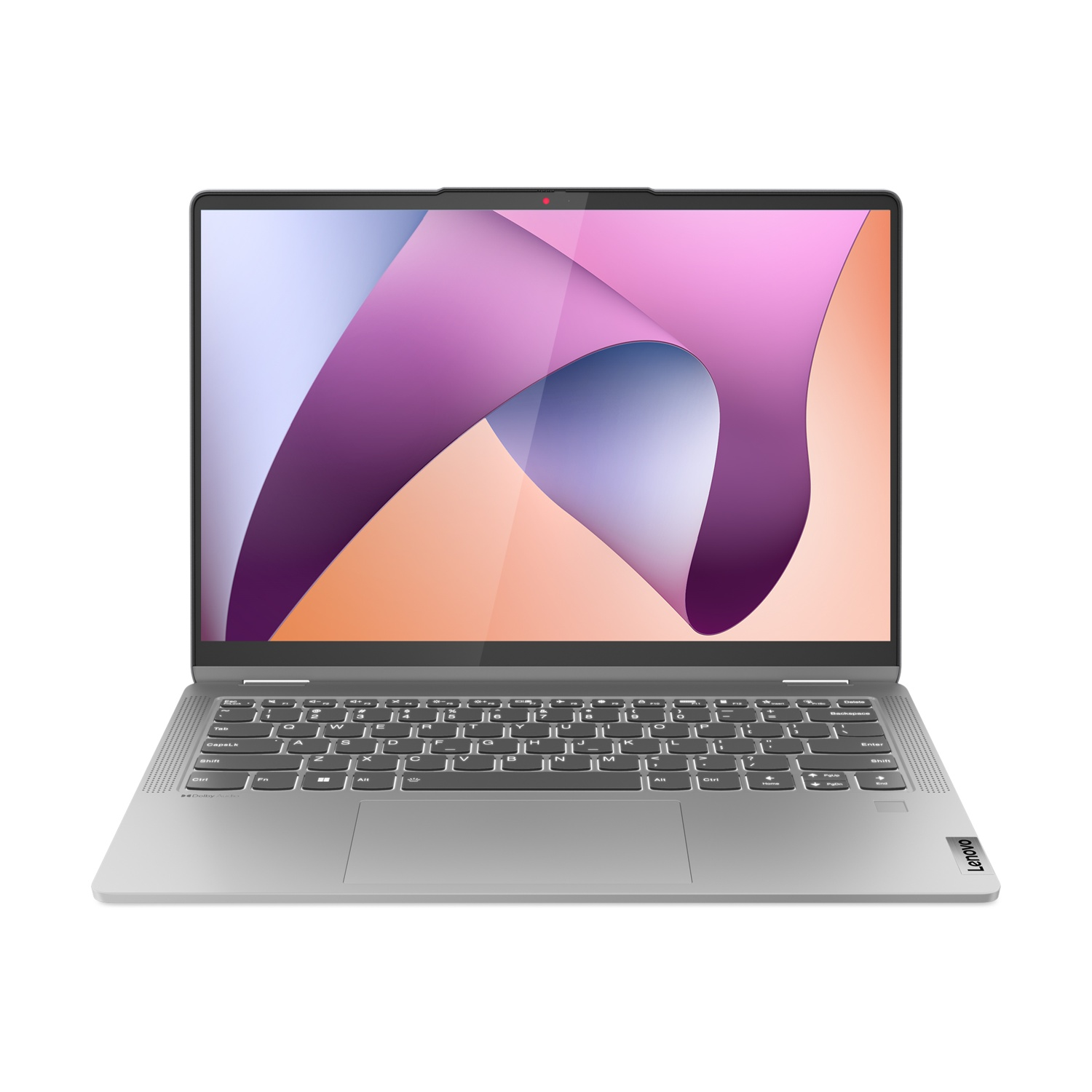 Un laptop Lenovo argentato è aperto. Lo schermo mostra un design astratto rosa, viola e arancione. La tastiera è visibile.