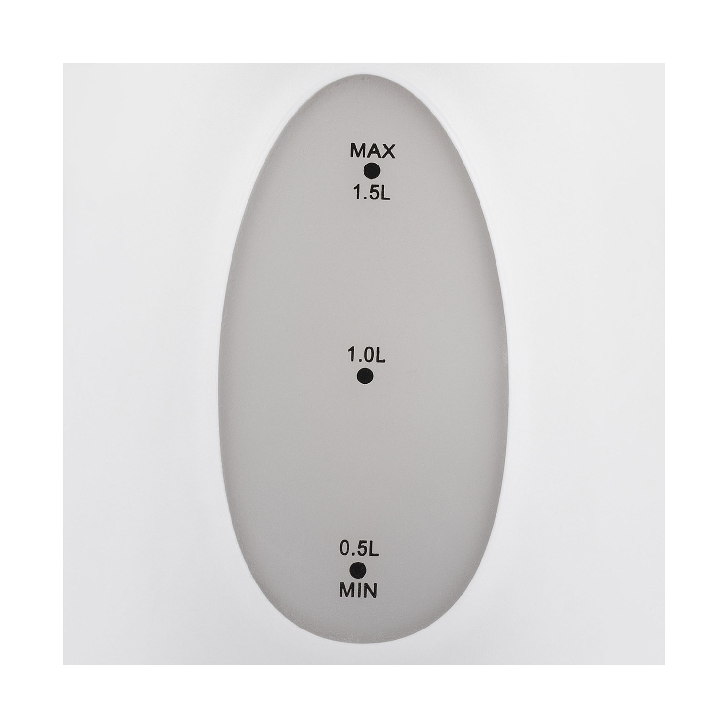Un bollitore bianco con indicatore di livello dell'acqua ovale. Mostra MAX a 1,5L, 1,0L, 0,5L e MIN. Lo sfondo è bianco.