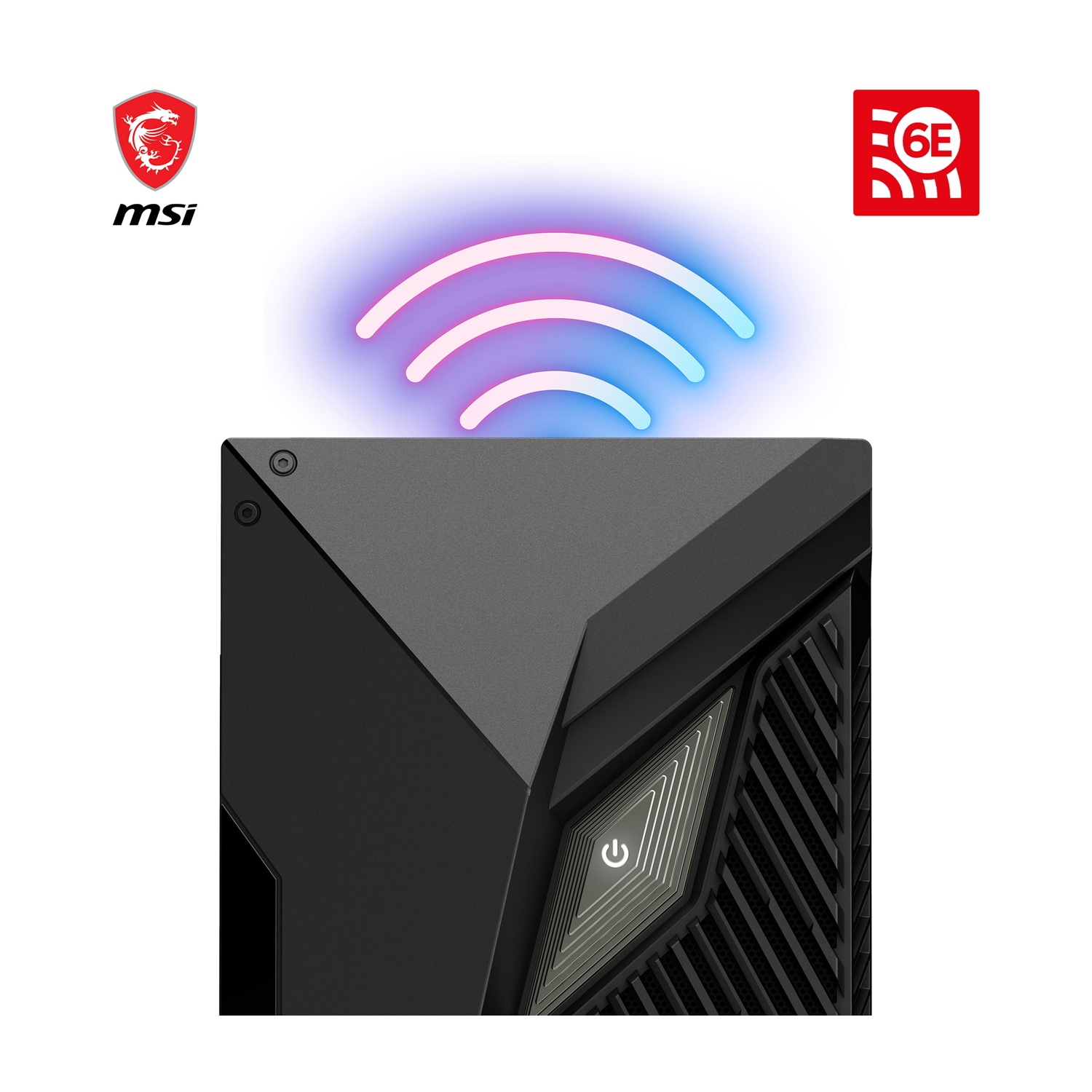 Un case del computer nero con un pulsante di accensione. Sopra, indicatori di segnale WiFi. Loghi MSI e 6E visibili.
