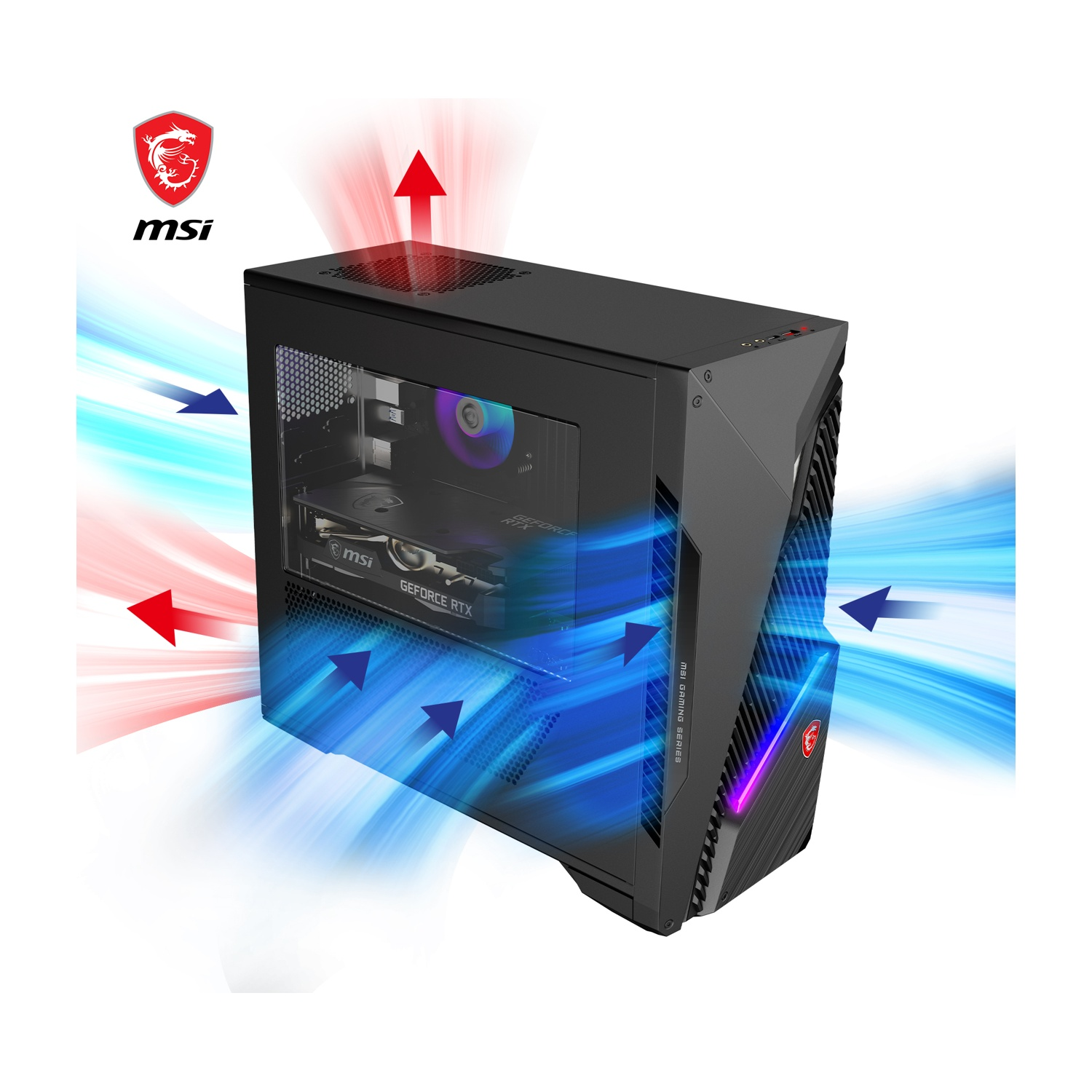 PC gaming MSI nero con grafica a flusso d'aria blu/rossa. Logo MSI in alto a sinistra. Pannello laterale mostra i componenti interni. Testo: GeForce RTX.