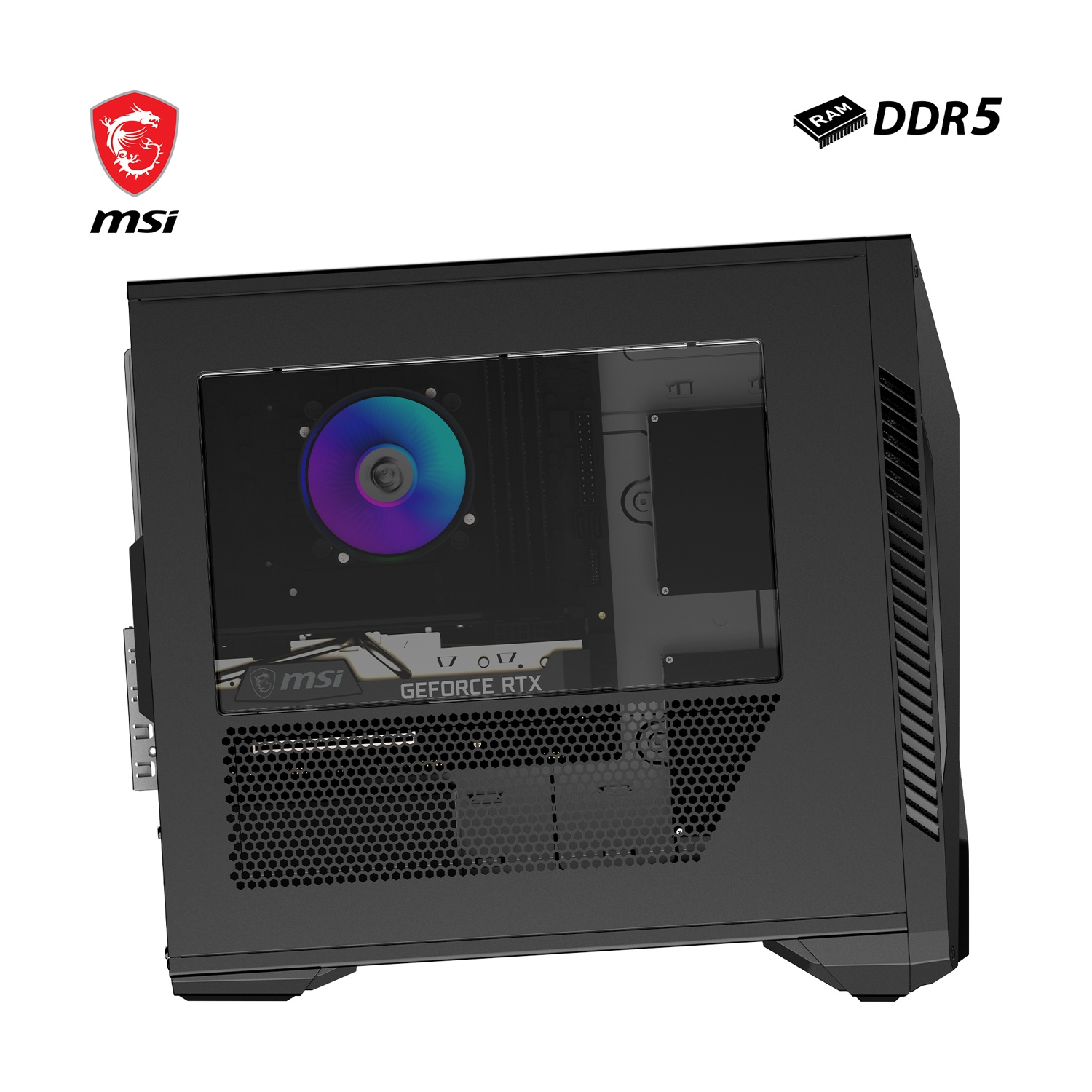 Un case per computer nero con pannello laterale in vetro, che mostra i componenti interni e il marchio MSI. È indicata la RAM DDR5.
