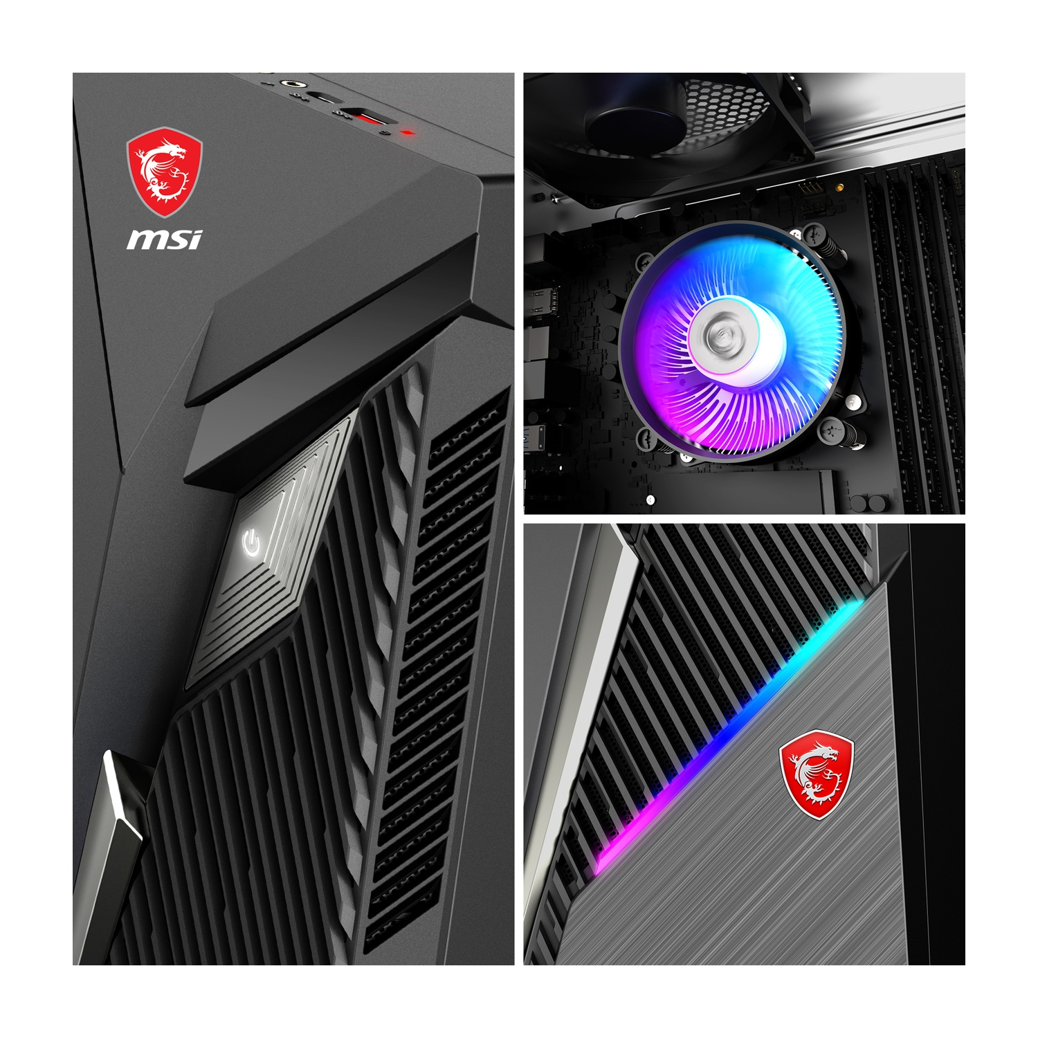 Un case per computer con logo MSI. Dettagli includono prese d'aria, pulsante di accensione e una ventola luminosa. Il case ha illuminazione RGB.