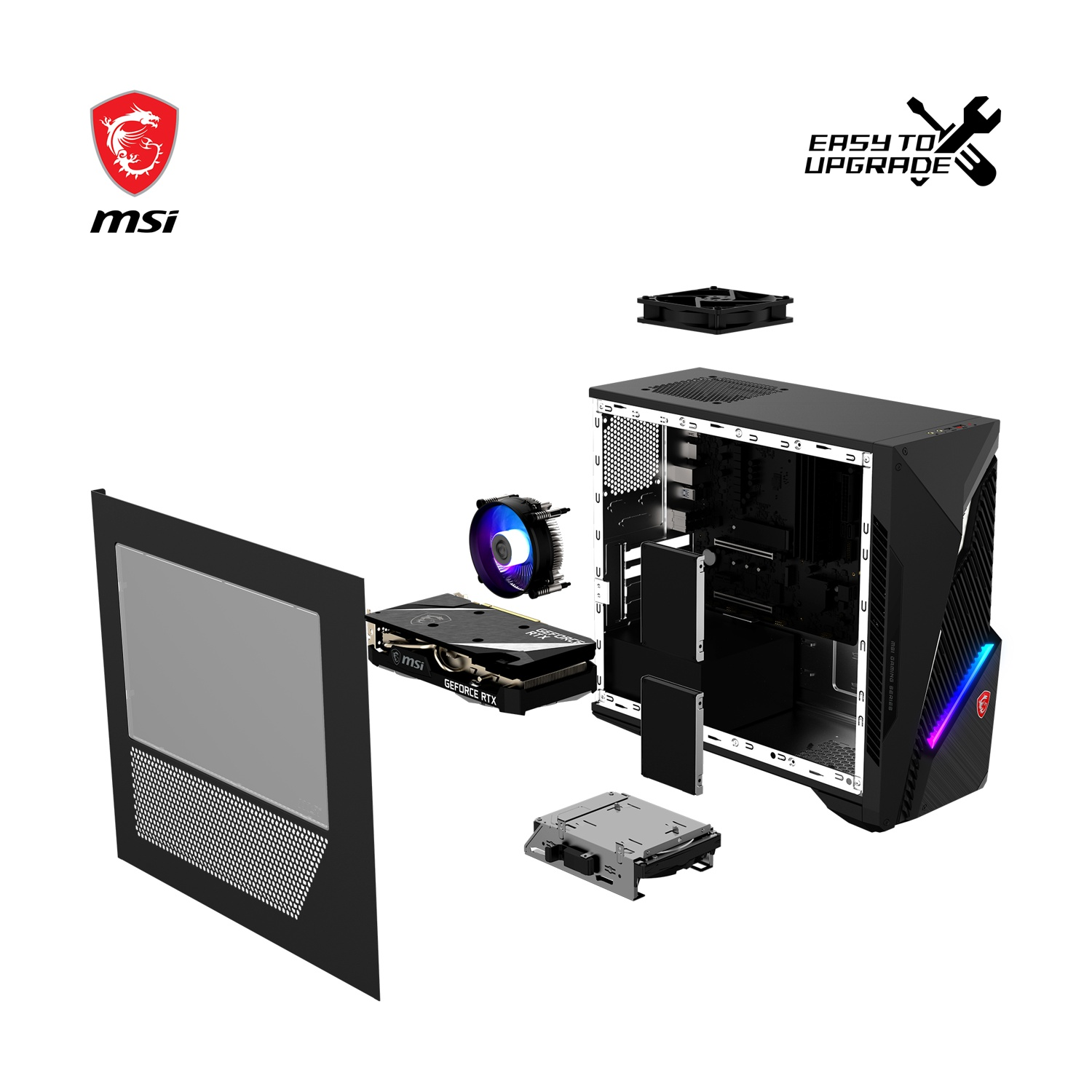 Vista esplosa di un case per computer con componenti come scheda grafica, dissipatore CPU e ventola, logo MSI e testo 'Easy to Upgrade'.