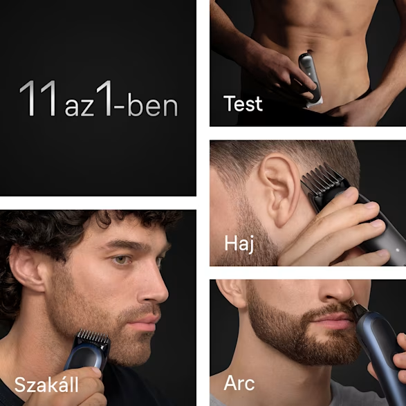 A hirdetés testre, hajra, szakállra és arcra használt trimmert mutat, '11 az 1-ben' felirattal.