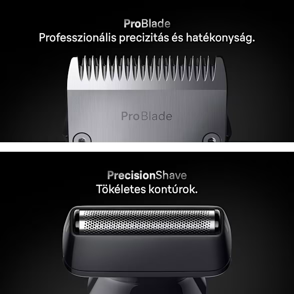 A kép egy borotva két részét mutatja: egy fém ProBlade-t és egy fekete PrecisionShave fejet. A szöveg a precizitást és a tökéletes kontúrokat írja le.