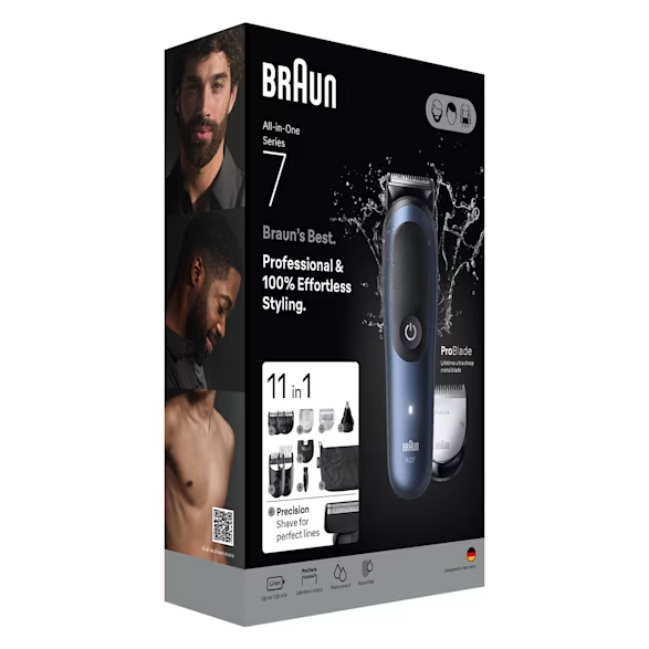 Braun All-in-One Series 7 doboz, trimmel, férfi arcokkal és termékjellemzőkkel. A doboz sötétkék, fehér szöveggel és képekkel.
