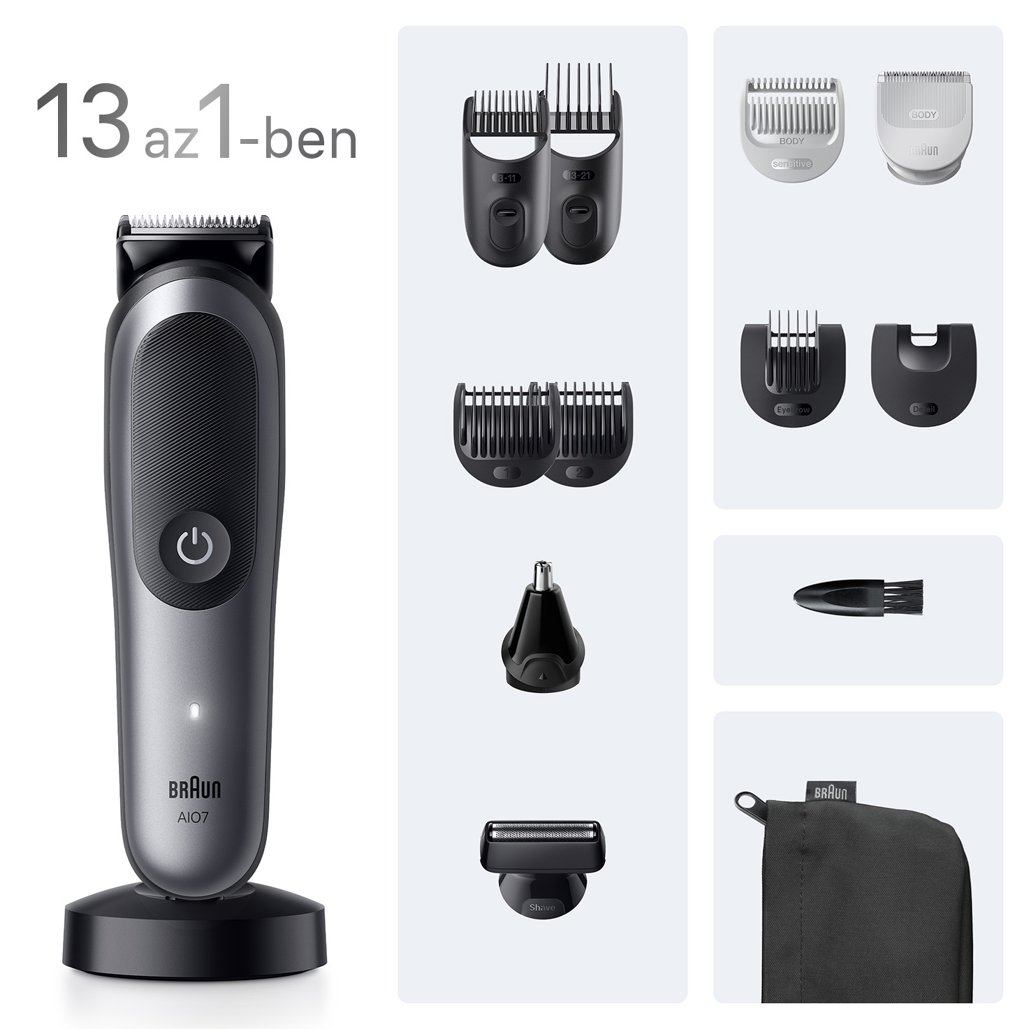Braun All-in-one trimmelő 13 tartozékkal. Tartalmazza a trimmert, több fésű tartozékot, orrnyírót és tárolózsákot.
