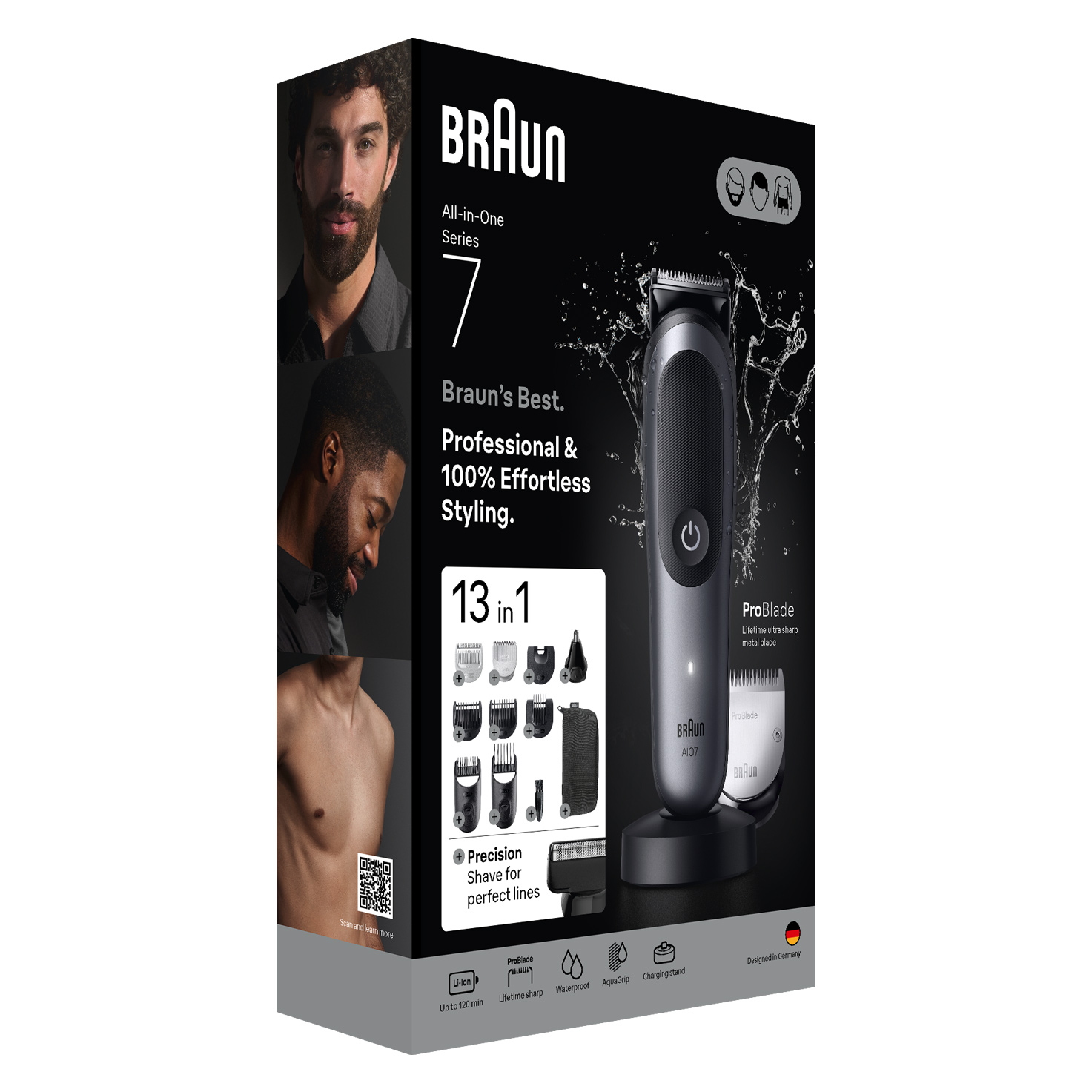 Braun All-in-One Series 7 doboz. Trimmert, több tartozékot és férfi képeket tartalmaz. A szöveg professzionális stílust és 13 az 1-ben említi.