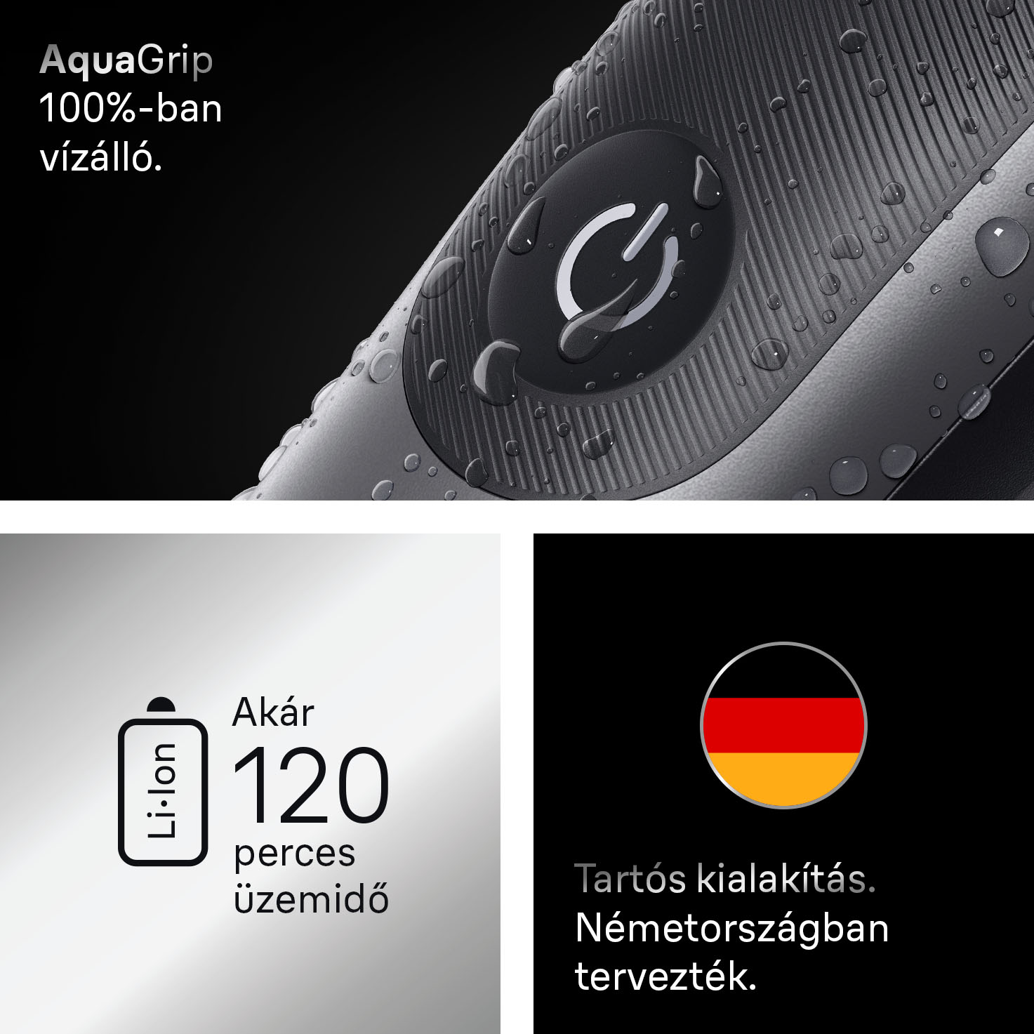Nedves, fekete elektromos borotva közeli képe, bekapcsológombbal. A szöveg vízállóságot, 120 perc használatot, és németországi tervezést mutat.