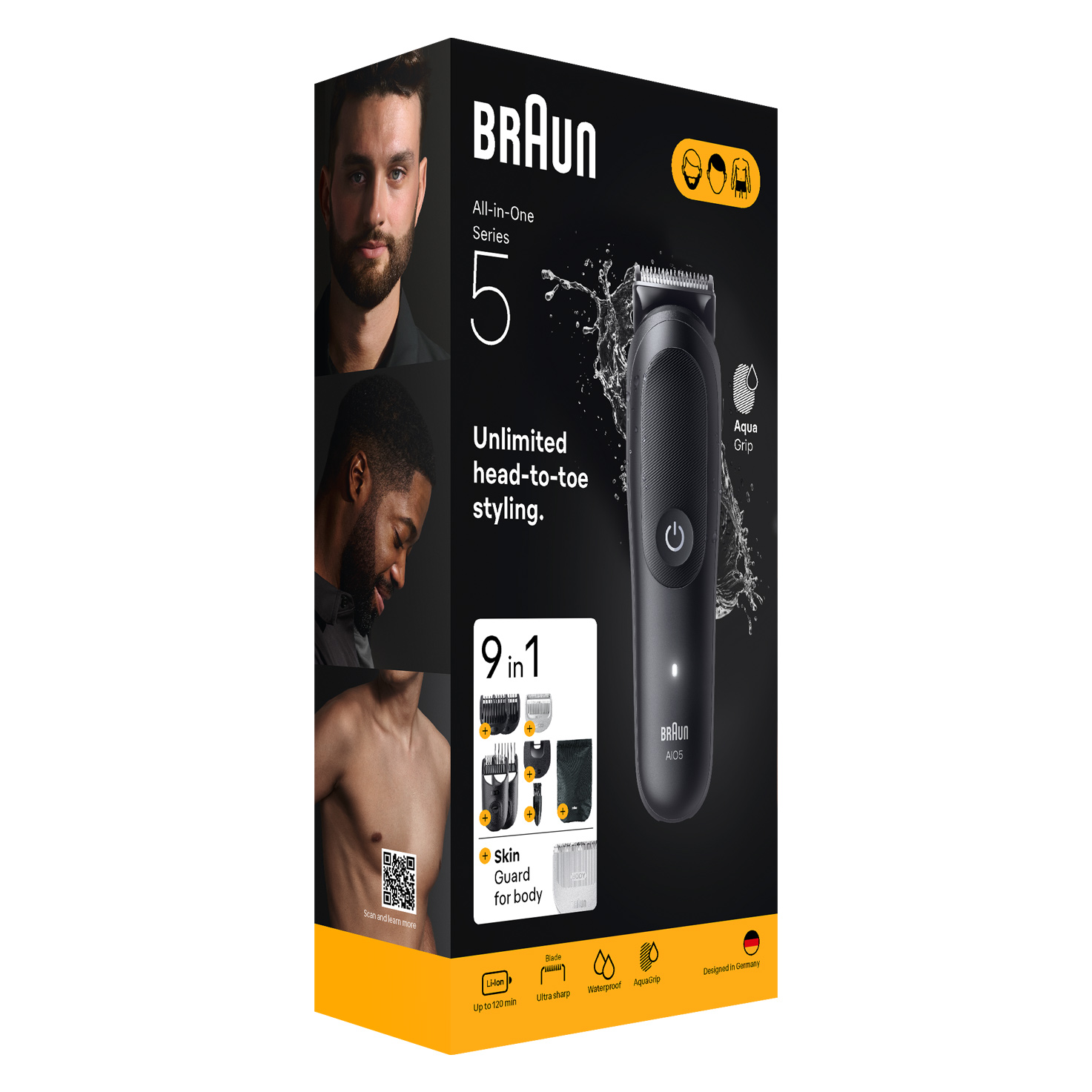 Braun All-in-One Series 5 doboz. Trimmert, férfi képeket és styling opciókat tartalmaz. Olyan leírásokat tartalmaz, mint az 'Aqua Grip' és az 'Ultra éles'.