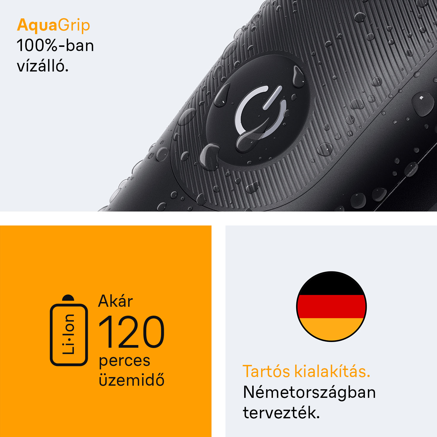 Fekete borotva közelképe vízcseppekkel és szöveggel. Jellemzők: bekapcsológomb, akkumulátor-információk és egy német zászló.