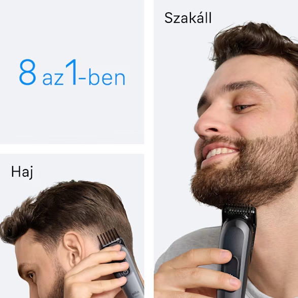 Egy férfi borotválja a szakállát trimmelővel. Egy másik a haját vágja. A szöveg azt mondja: '8 az 1-ben'.
