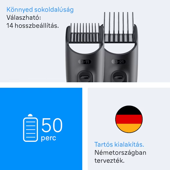 A képen két fekete hajvágó toldalék látható. A szöveg 14 hosszbeállítást jelez. Van egy akkumulátor ikon és egy német zászló.