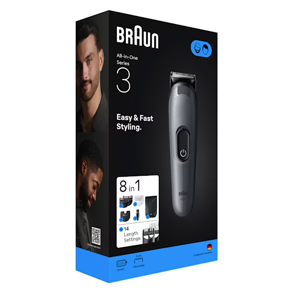 Braun All-in-One Series 3 doboz. Trimmert, férfiak képeit és szöveget tartalmaz, kiemelve a beállításokat.