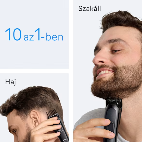 Egy férfi szakállát nyírja trimmelővel. Egy másik férfi a haját vágja trimmelővel. A szöveg '10 az 1-ben' funkciót jelzi.