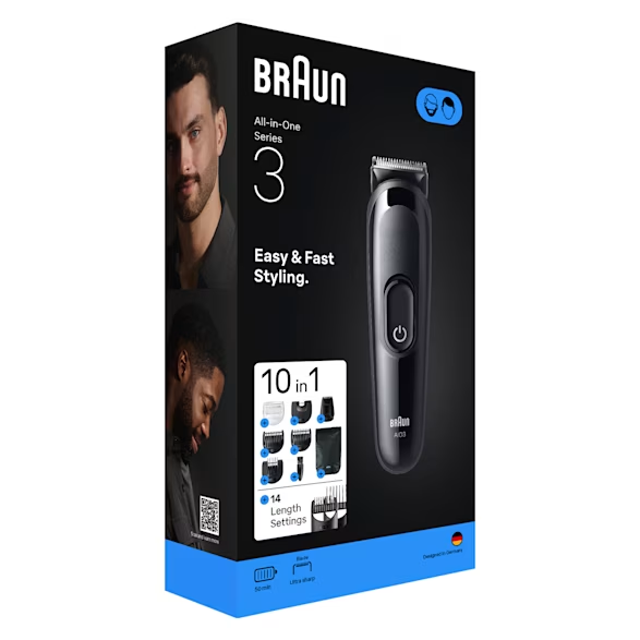 Braun Series 3 all-in-one doboz. Fekete és kék. Trimmert, férfi képeket és termékadatokat tartalmaz. 'Easy & Fast Styling'.