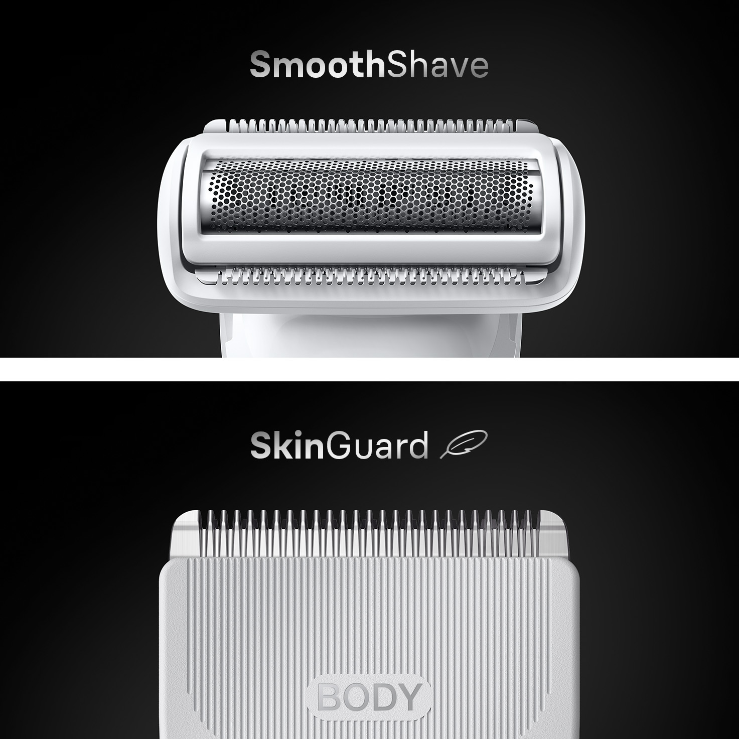 Fehér elektromos borotvafej közelképe. A felső felén a SmoothShave felirat látható. Az alsó része a SkinGuard BODY.