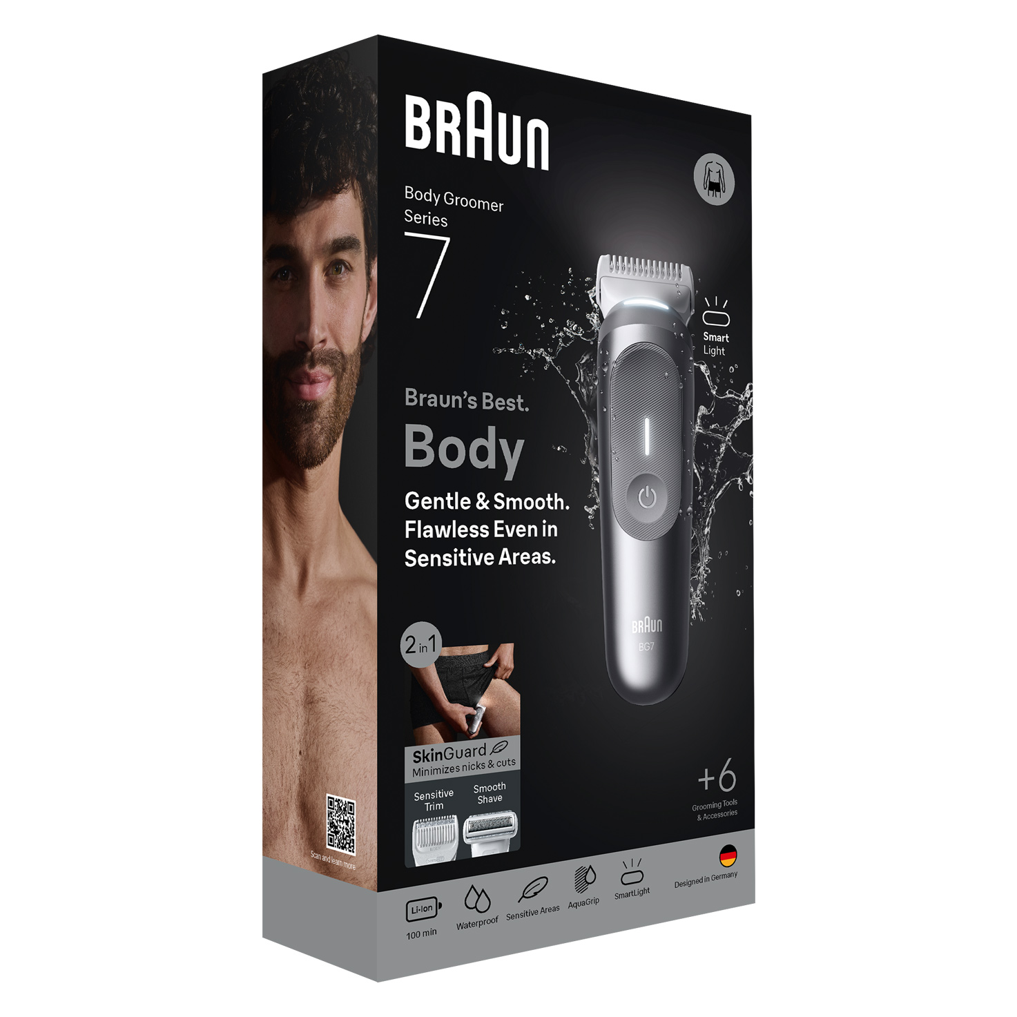 Braun Body Groomer Series 7 doboz. Egy férfi látható, és a termék egy trimmert mutat, olyan funkciókkal, mint a SkinGuard és a vízállóság.