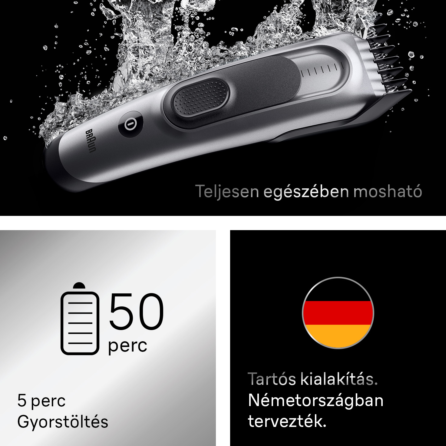 Ezüst-fekete Braun hajvágó gép víz fröccsenéssel. Infografikák mutatják az akkumulátor élettartamát és a német designt.