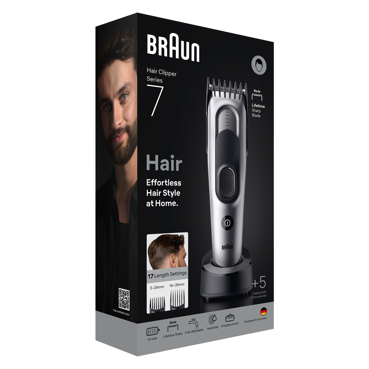 Braun hajvágó doboz. Egy férfi portréja balra. A hajvágó ezüst és fekete, töltőállvánnyal.