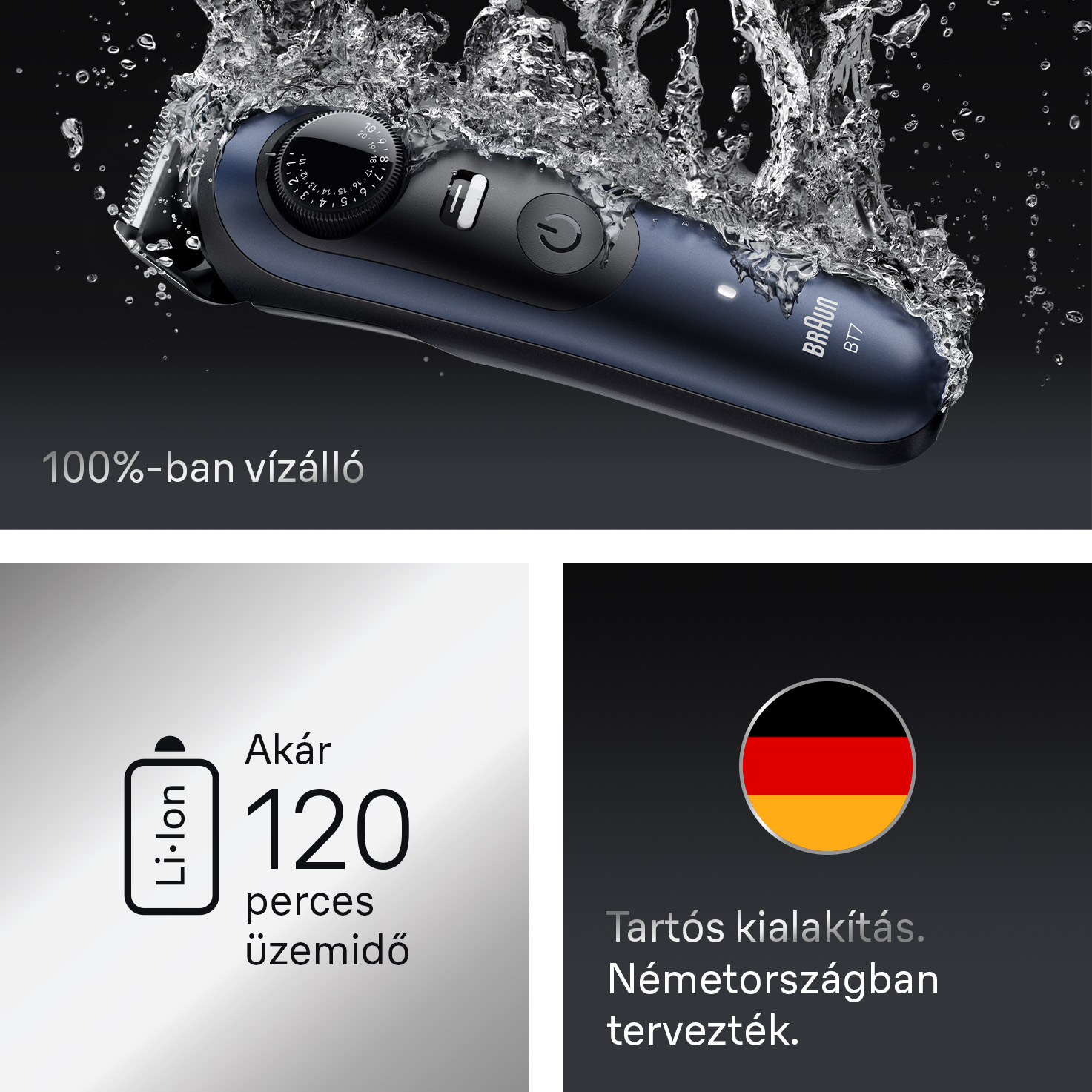 Kék-fekete Braun trimmer vízben. A szöveg vízállóságot és 120 perces akkumulátor-üzemidőt jelez. Németországban tervezték.