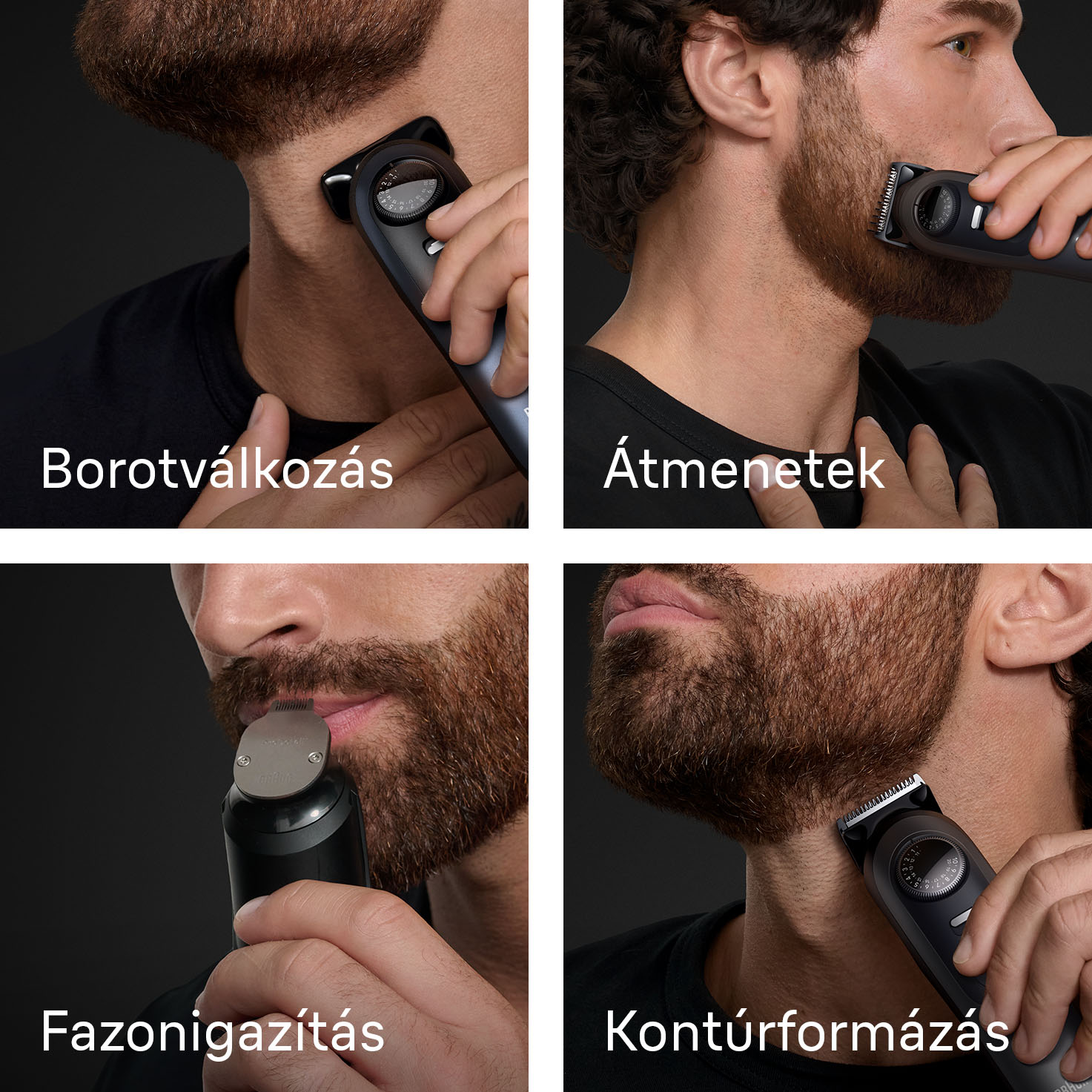 Négy közeli felvétel egy férfiról, aki fekete szakállvágót használ. Mindegyik egy-egy ápolási lépést mutat: nyakvonal, átmenetek, vágás és kontúrozás.