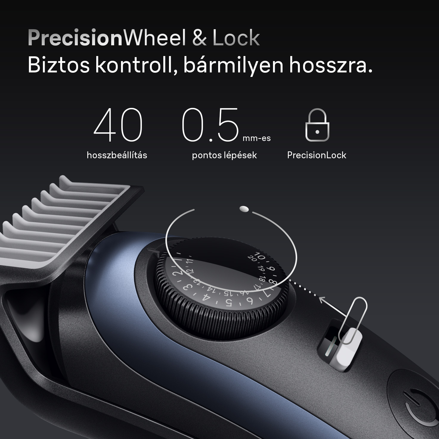Fekete-kék trimmermérő közelképe. A tárcsa számokat mutat. A szöveg a Precision Wheel & Lock és a 40, 0,5 mm és a PrecisionLock feliratot tartalmazza.