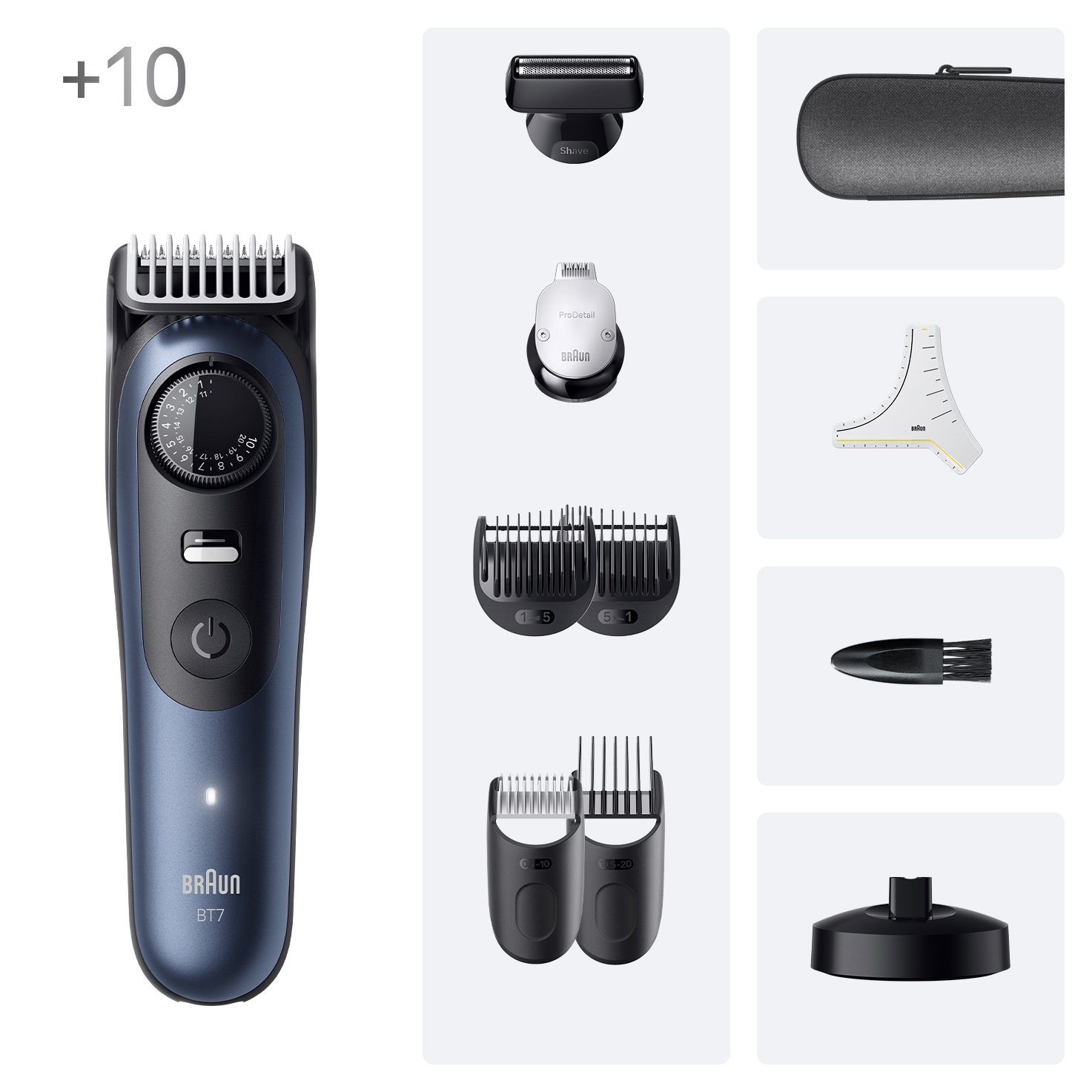 Egy Braun BT7 trimmer tartozékokkal. Tartalmaz borotvafejet, ProDetail fejet és különböző fésű tartozékokat. Fekete alap és tok.