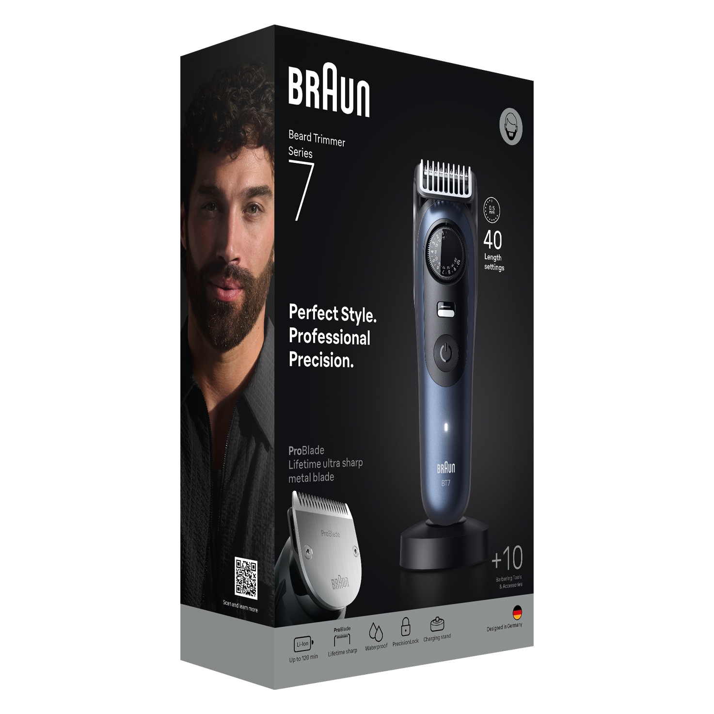 Braun Beard Trimmer Series 7 doboz. Szakállas férfi balra. Trimmer jobbra. 40 hosszbeállítás és ProBlade jellemzők.