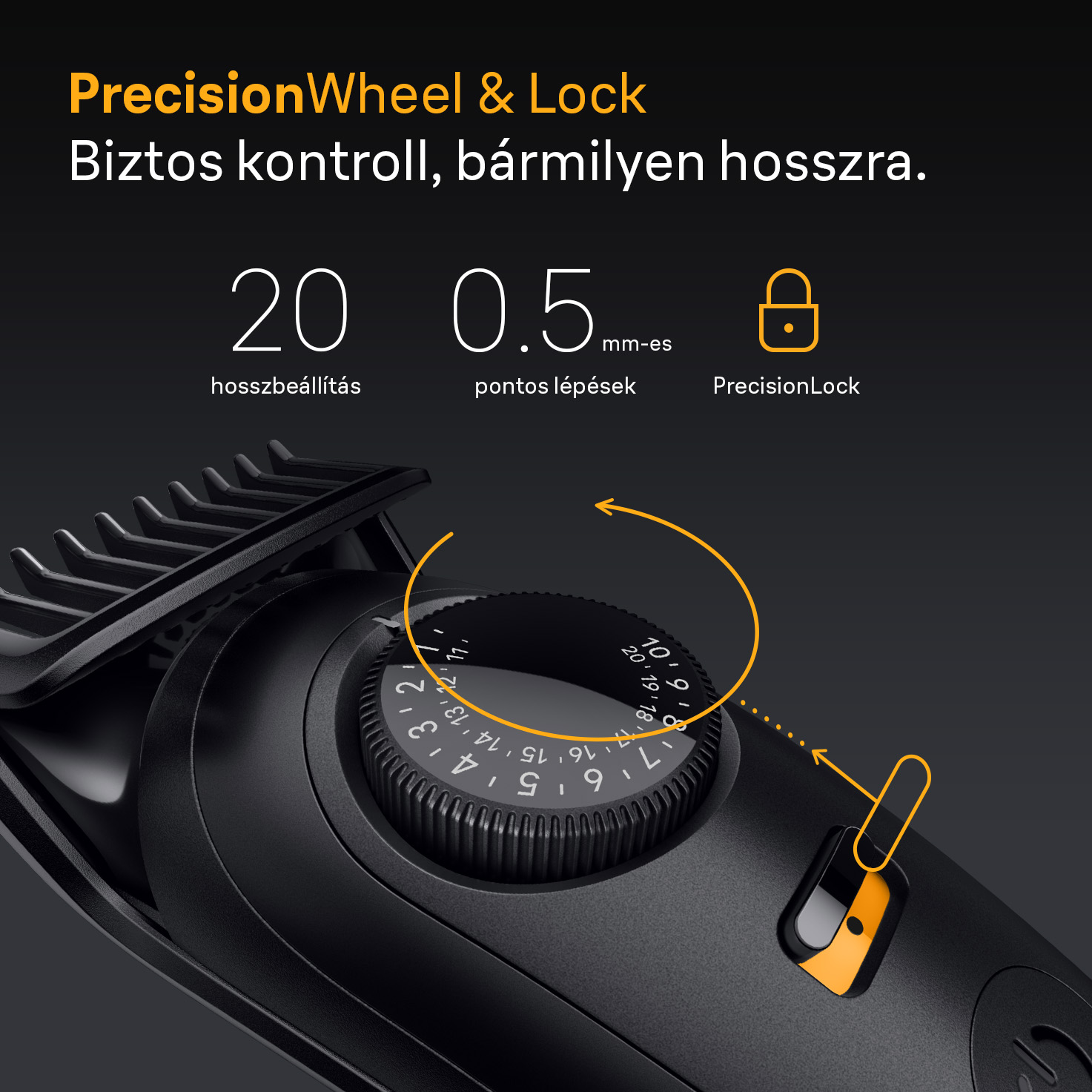 Fekete hajvágógép közelképe forgó tárcsával, számokkal. Szöveg: 'PrecisionWheel & Lock'. Sárga részletek emelik ki a funkciókat.