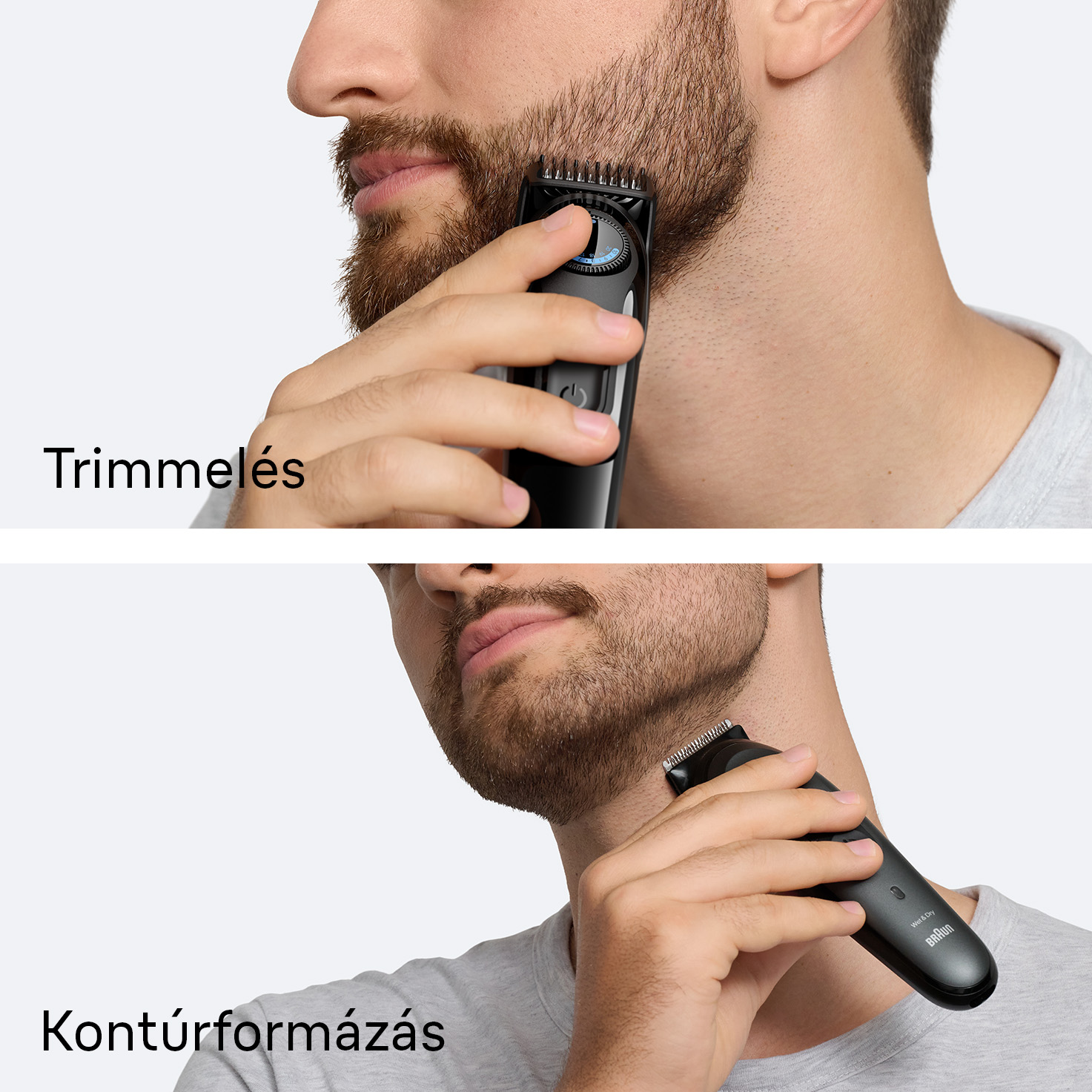 Egy férfi fekete trimmelővel vágja a szakállát a felső képen. Alul a nyakán használja a trimmert. Mindkettőn szöveg látható.