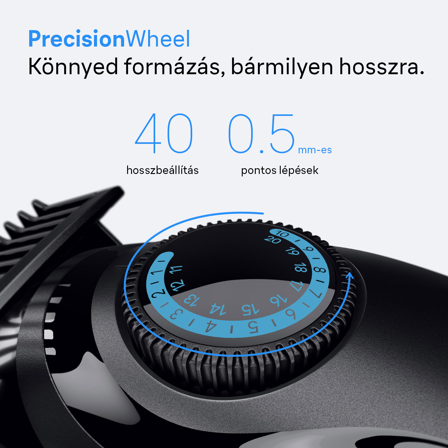 Egy fekete eszköz közeli képe, kerékkel. 1-20-ig számok láthatók. A szöveg: 'Precision Wheel', '40' és '0,5'.