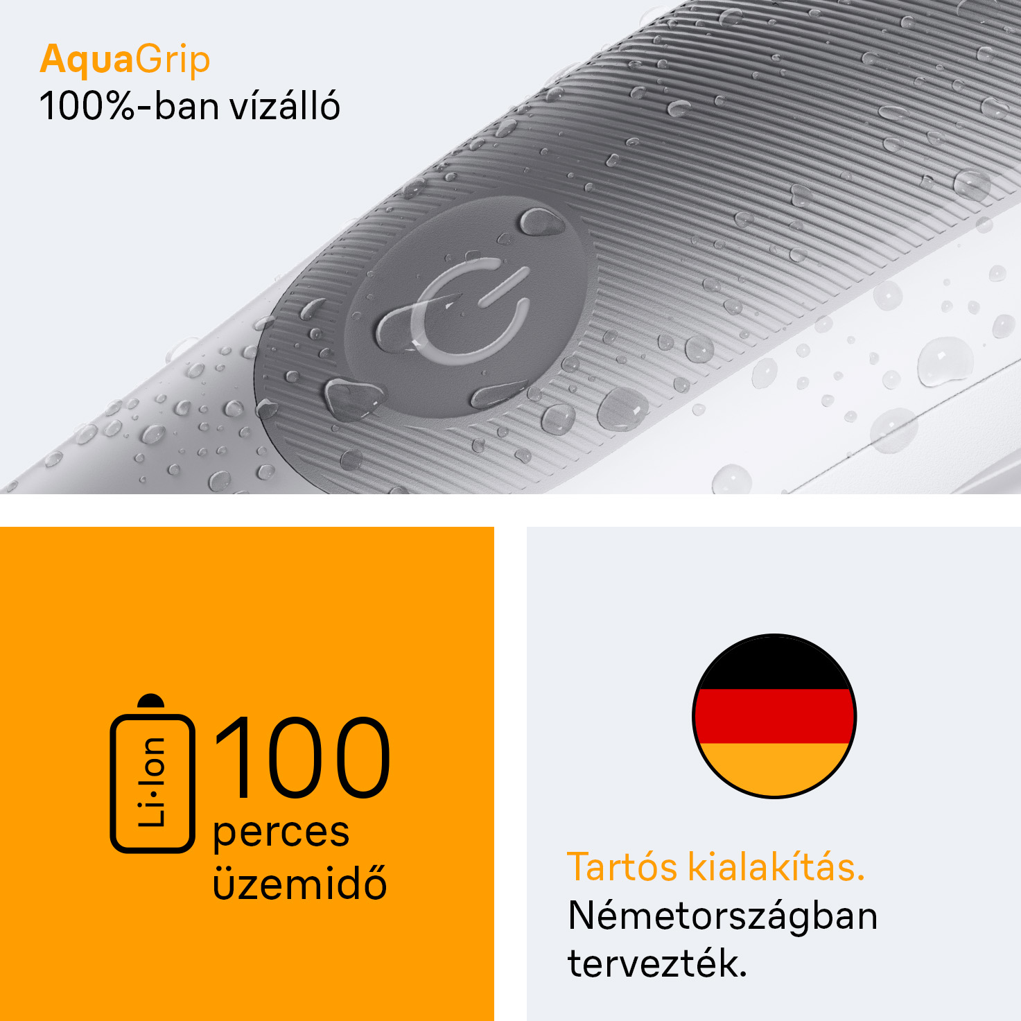 Fehér-szürke eszköz közeli képe vízcseppekkel, bekapcsológombbal és szöveggel. Tartalmaz akkumulátor információt és német zászlót.