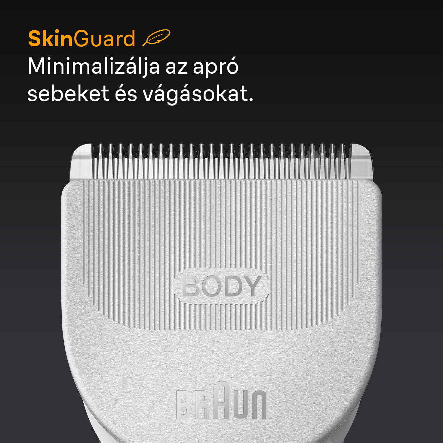 Egy fehér testápoló fej közelképe. A tetején fém pengék vannak. A szöveg azt mondja, hogy SkinGuard. A BODY szó a készüléken dombornyomással van.