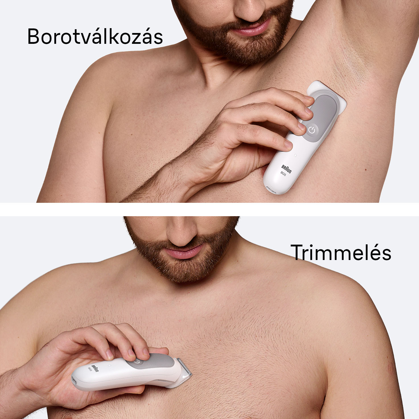 Egy férfi fehér-szürke trimmelővel borotválja a hónalját. Az alsó képen a mellkasát trimmeli ugyanazzal.