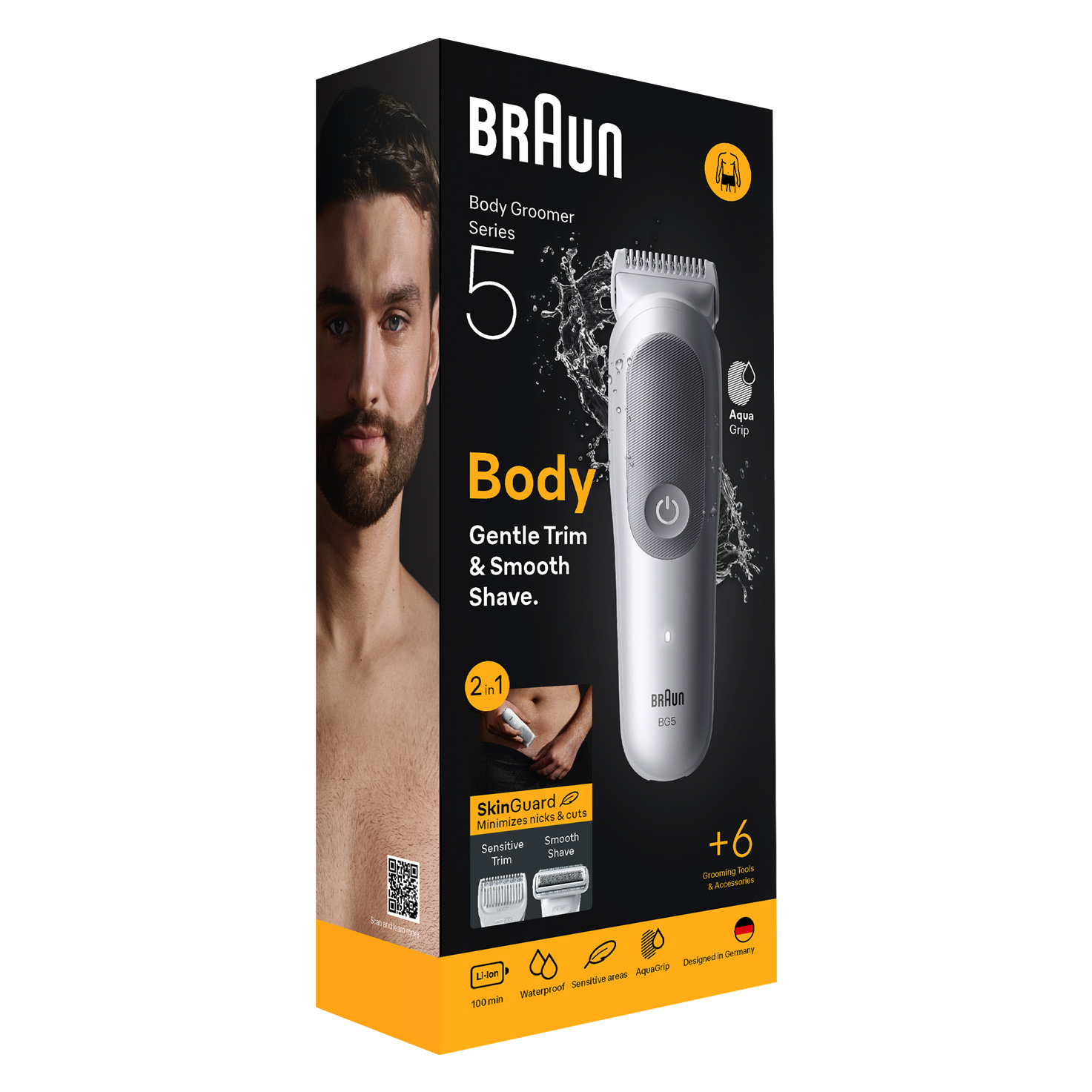 Braun Body Groomer doboz. Egy férfi arca balra. A trimmer jobbra van. A szöveg a következő: 'Gentle Trim & Smooth Shave'.