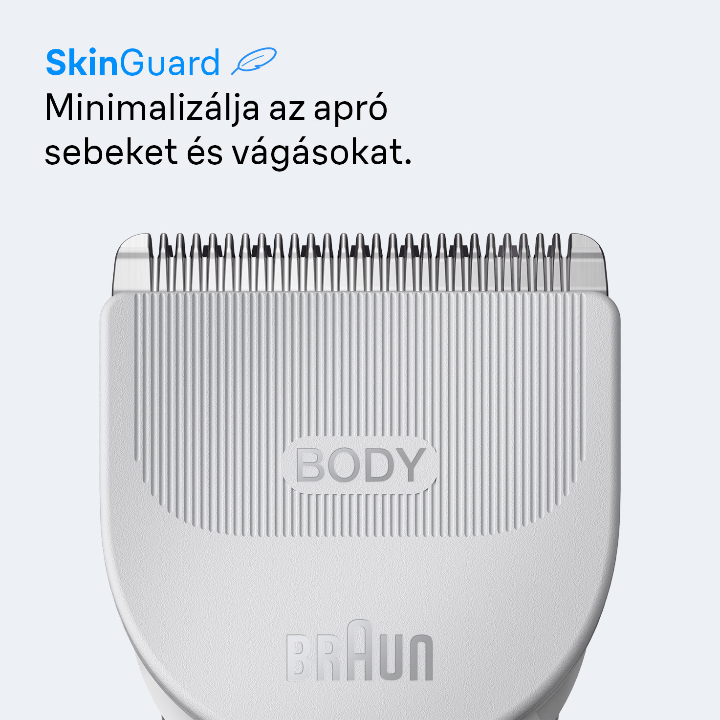 Fehér Braun testápoló fej közelről, pengékkel. A szöveg: SkinGuard Minimalizálja az apró sebeket és vágásokat.