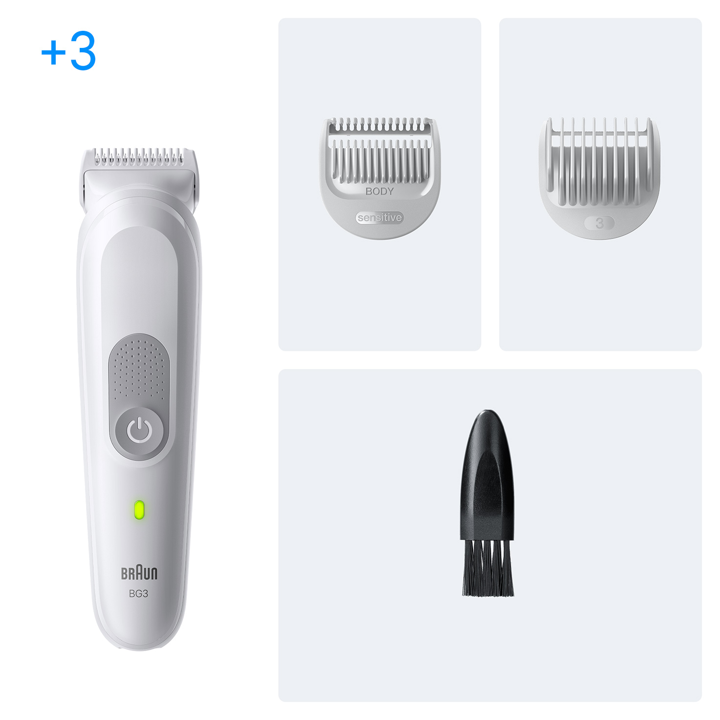 Egy fehér Braun BG3 trimmelő tartozékokkal: test penge, 3 mm-es penge, kefe. A trimmelő be van kapcsolva, zöld fénnyel jelezve.