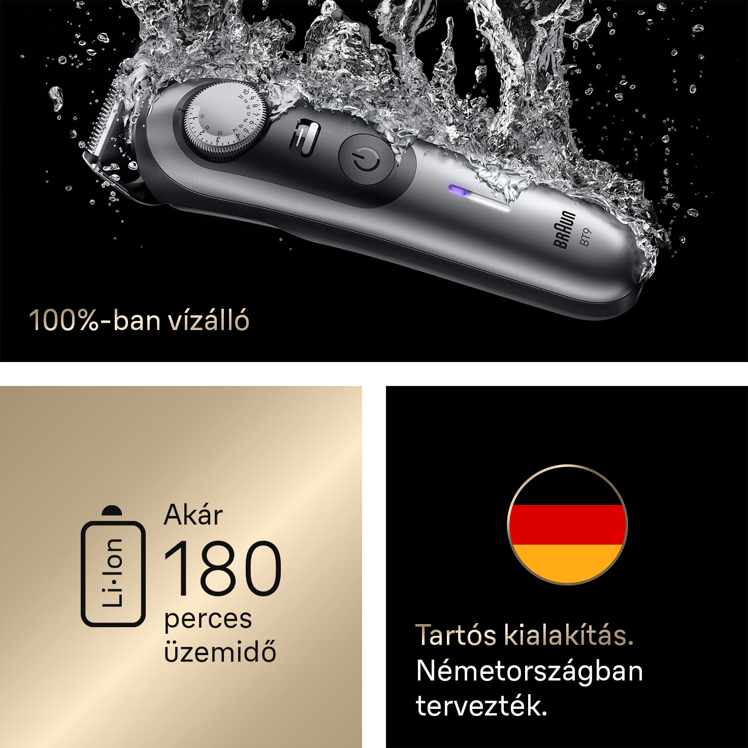 Ezüst Braun BT9 trimmer vízben. Szöveg: '100% vízálló'. 180 perc üzemidőt és német dizájnt mutat.