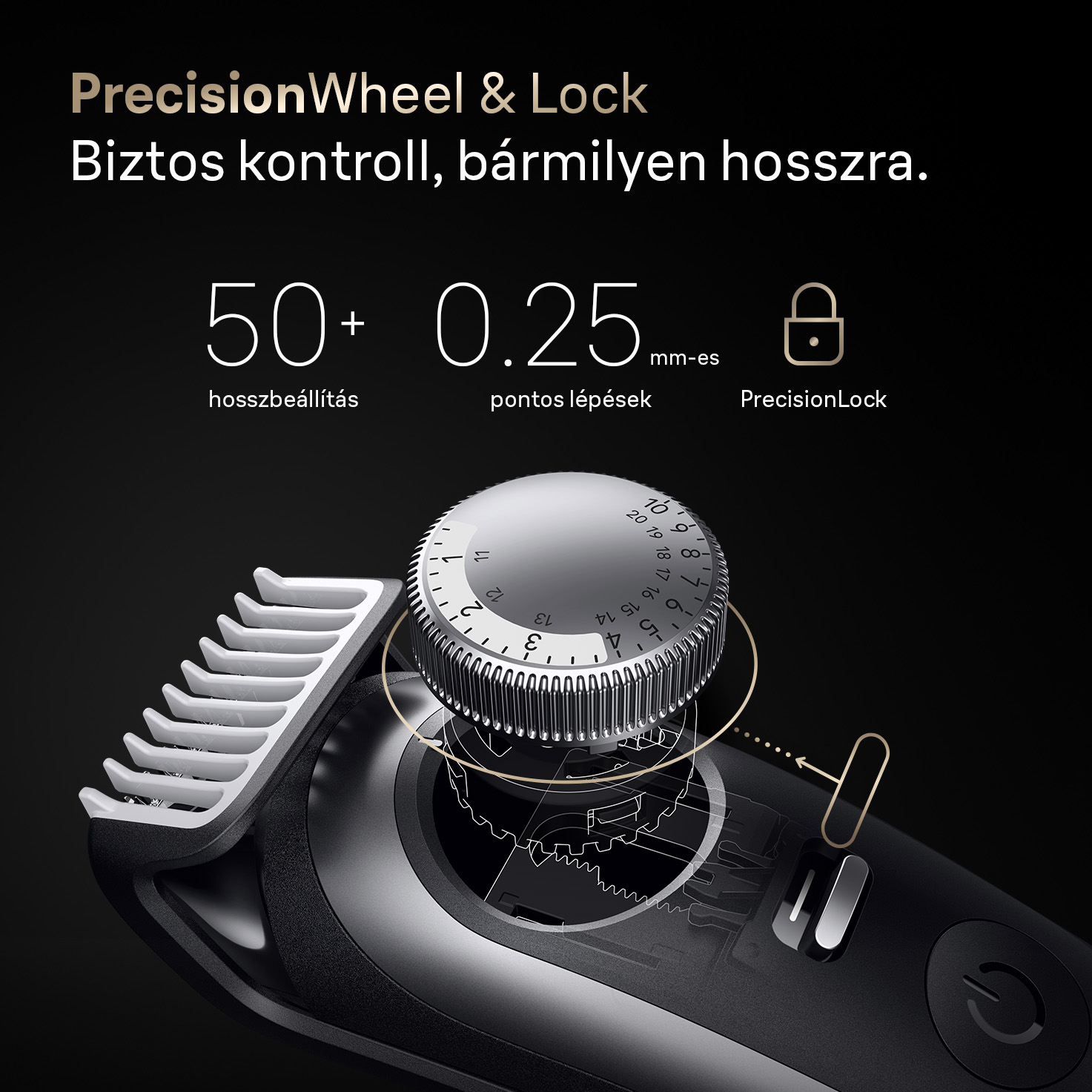 Fekete-ezüst hajvágó forgó tárcsával és számozott beállításokkal. A szöveg: 'PrecisionWheel & Lock' és 'Biztos kontroll'.