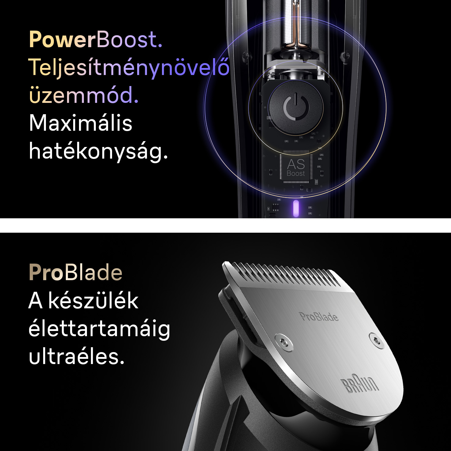 Braun elektromos borotva képe. A 'PowerBoost' és a 'ProBlade' funkciók kiemelve. Borotvapenge, a márkanévvel látható.