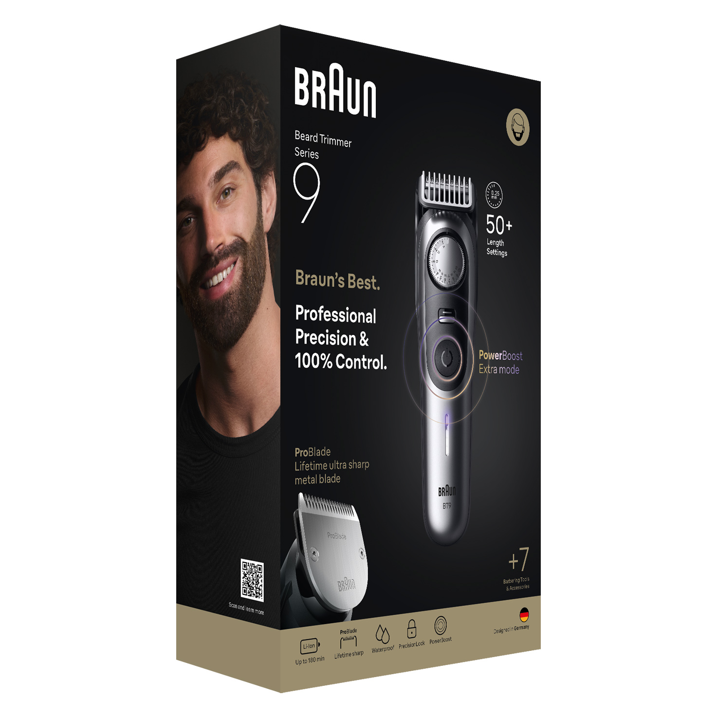 Egy Braun Beard Trimmer Series 9 doboz. Egy férfi portréját, egy trimmelő képét és a termék részleteit mutatja. Fekete és ezüst színek.