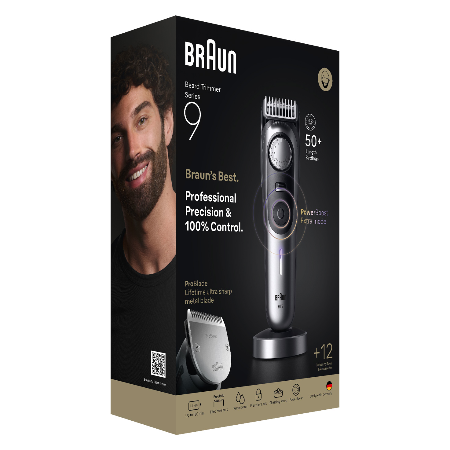 Braun Series 9 szakállvágó doboz. Egy szakállas férfit, a trimmert és a termék részleteit mutatja. Fekete-ezüst színű.